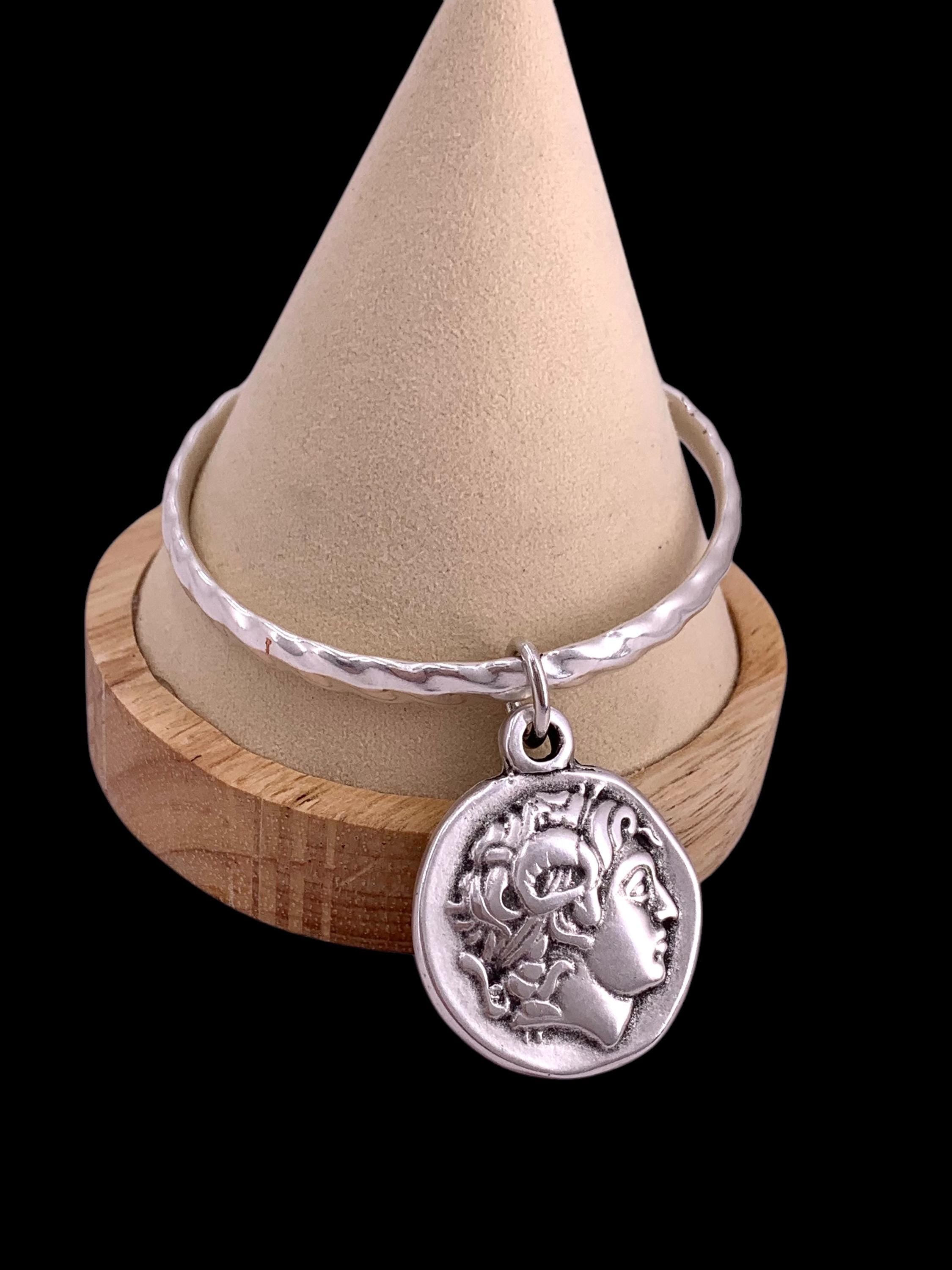 antique silver plated engraved dangling big coin bangle, cuff bangle, stackable bangle, rigid coin bangle, uno de 50 style, valentines gift