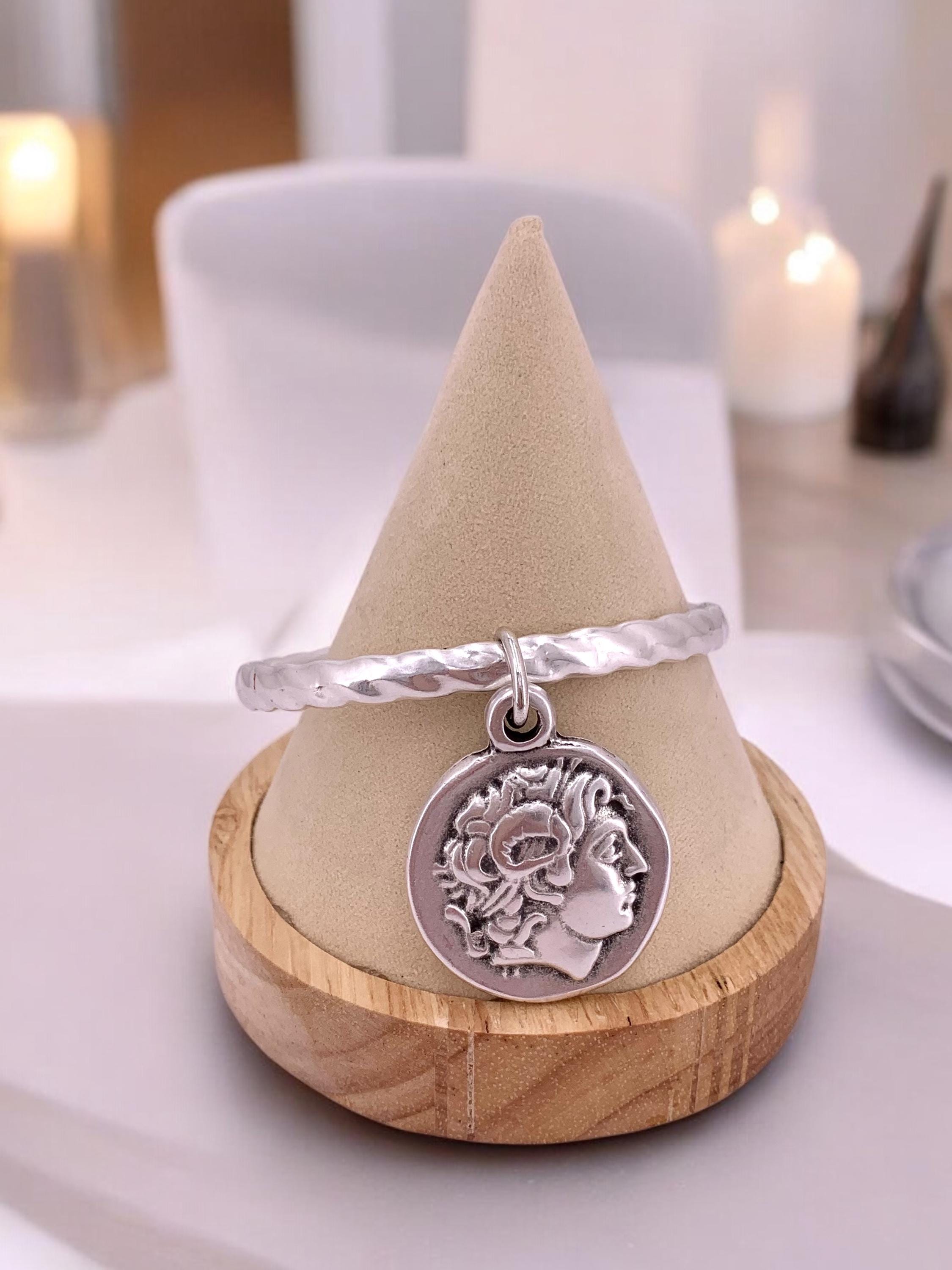 antique silver plated engraved dangling big coin bangle, cuff bangle, stackable bangle, rigid coin bangle, uno de 50 style, valentines gift