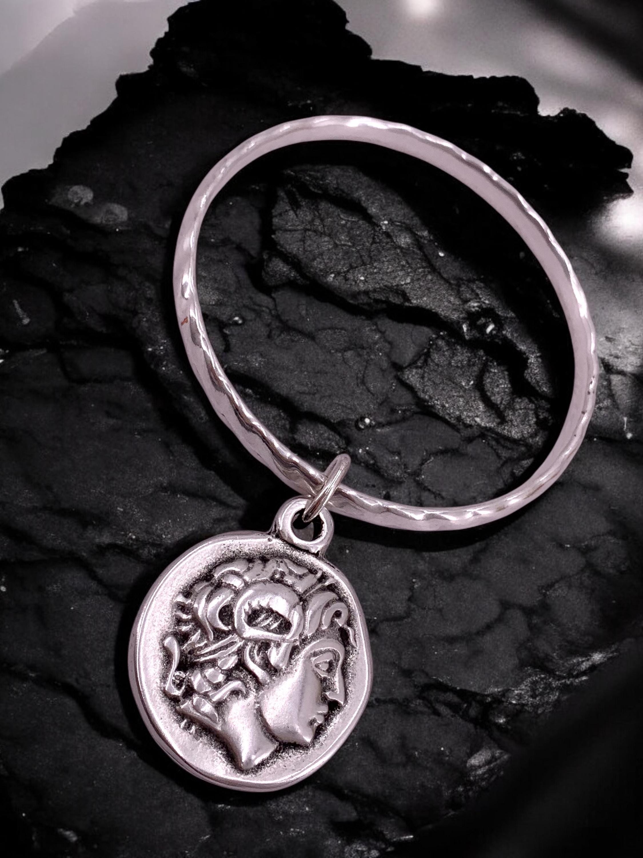 antique silver plated engraved dangling big coin bangle, cuff bangle, stackable bangle, rigid coin bangle, uno de 50 style, valentines gift