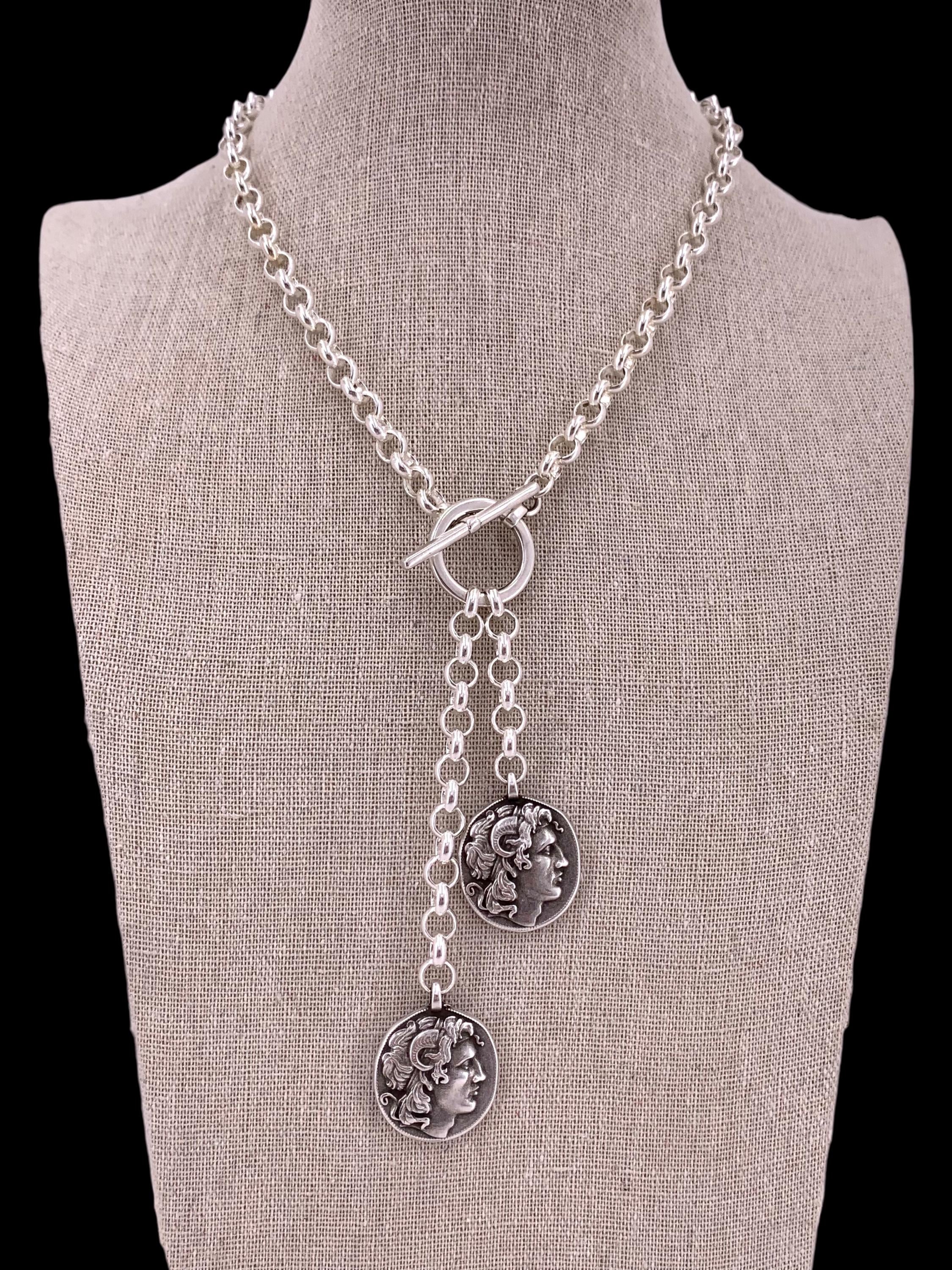 chunky silver lariat coin pendant statement necklace, toggle silver pendant necklace, uno de 50 style, bold chain T necklace, gift for women