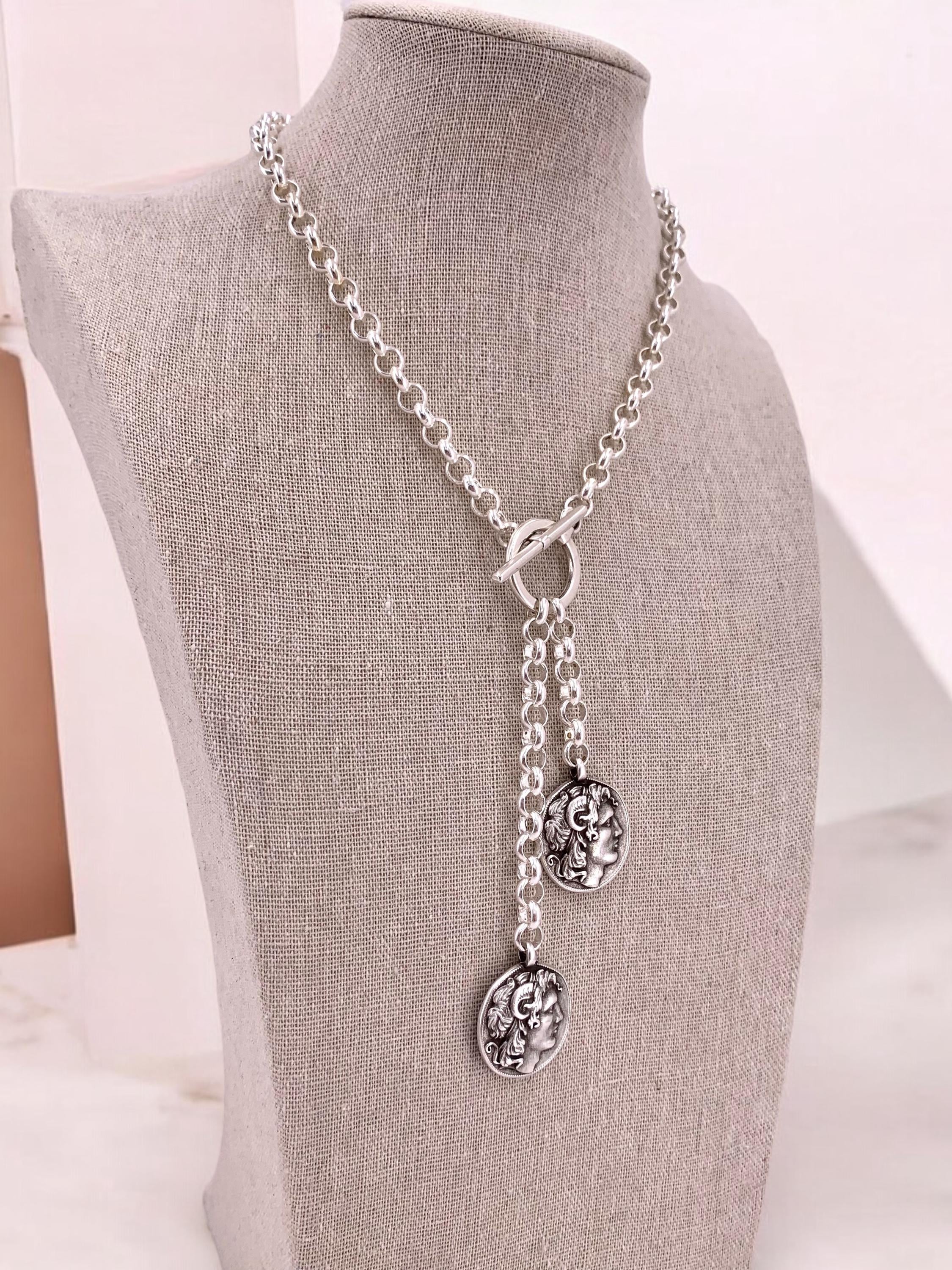 chunky silver lariat coin pendant statement necklace, toggle silver pendant necklace, uno de 50 style, bold chain T necklace, gift for women