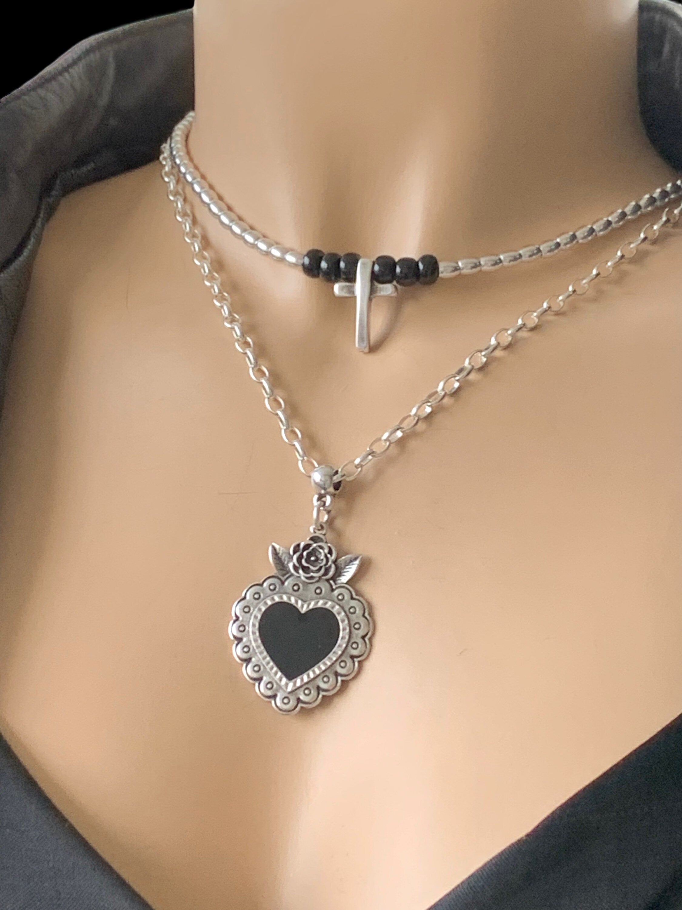 Layering silver necklace with cross and statement black heart pendant, double strand necklace, heart necklace, cross necklace, gift for her