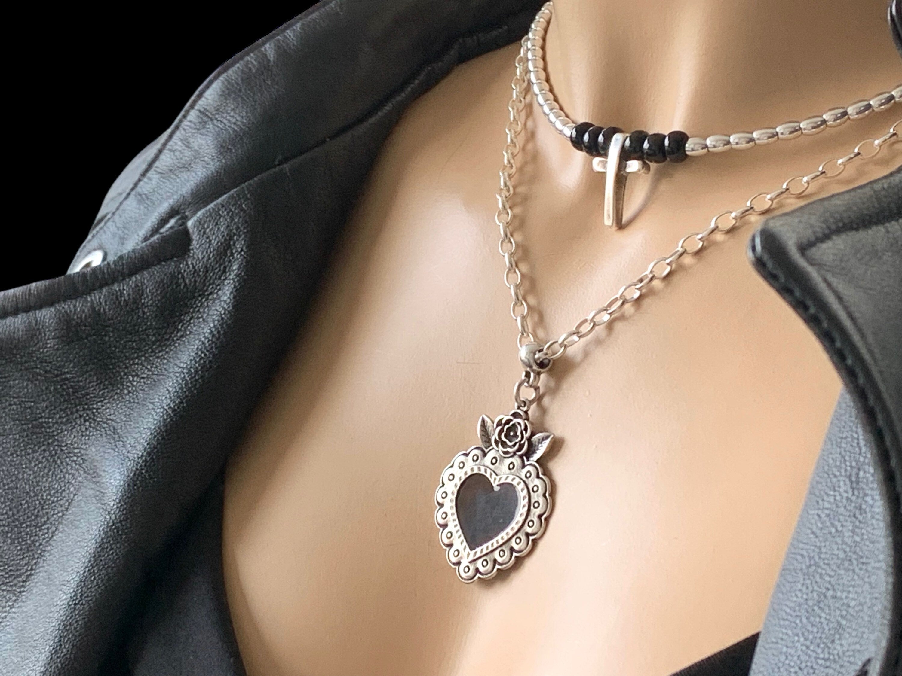 Layering silver necklace with cross and statement black heart pendant, double strand necklace, heart necklace, cross necklace, gift for her