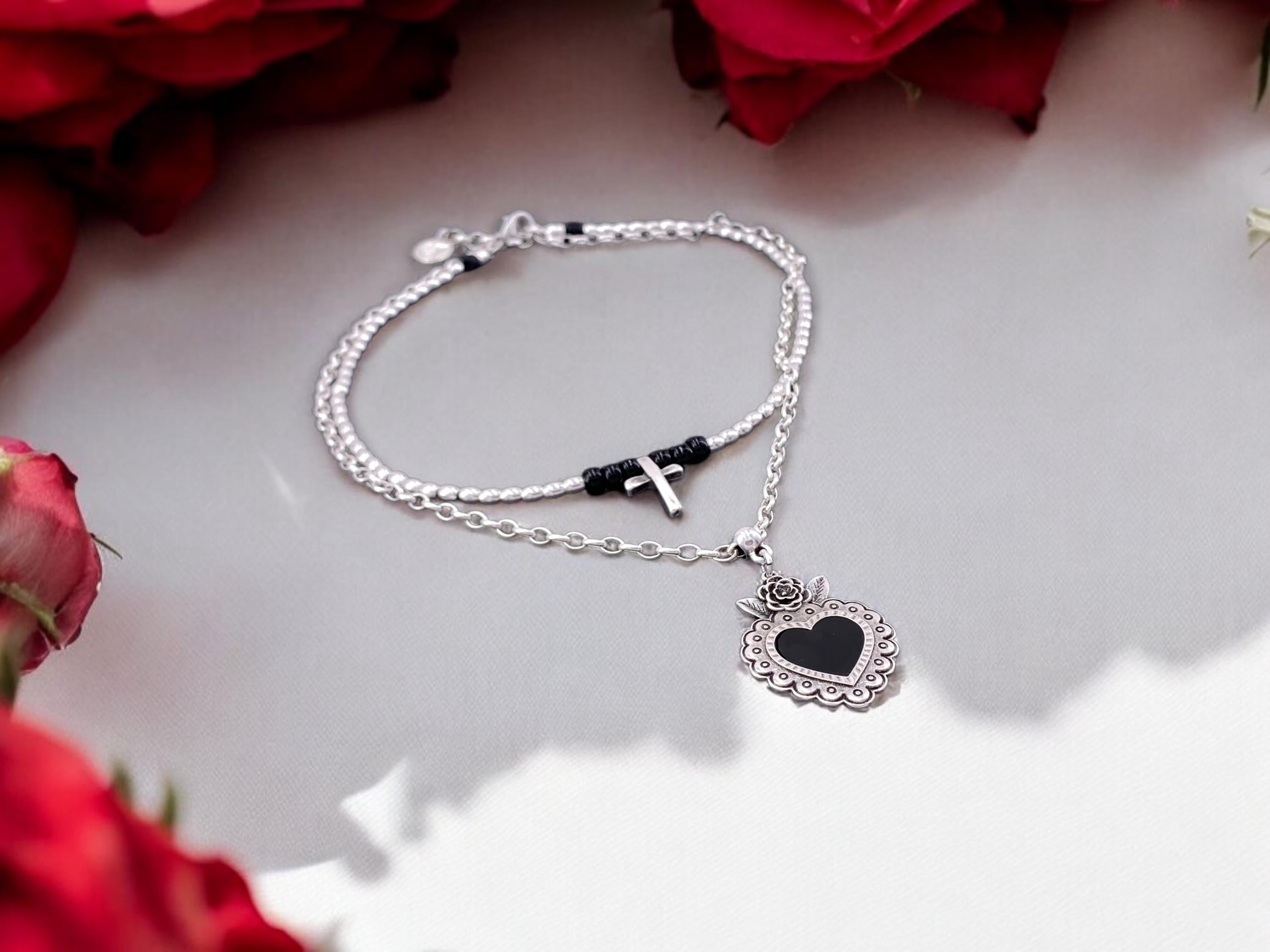 Layering silver necklace with cross and statement black heart pendant, double strand necklace, heart necklace, cross necklace, gift for her