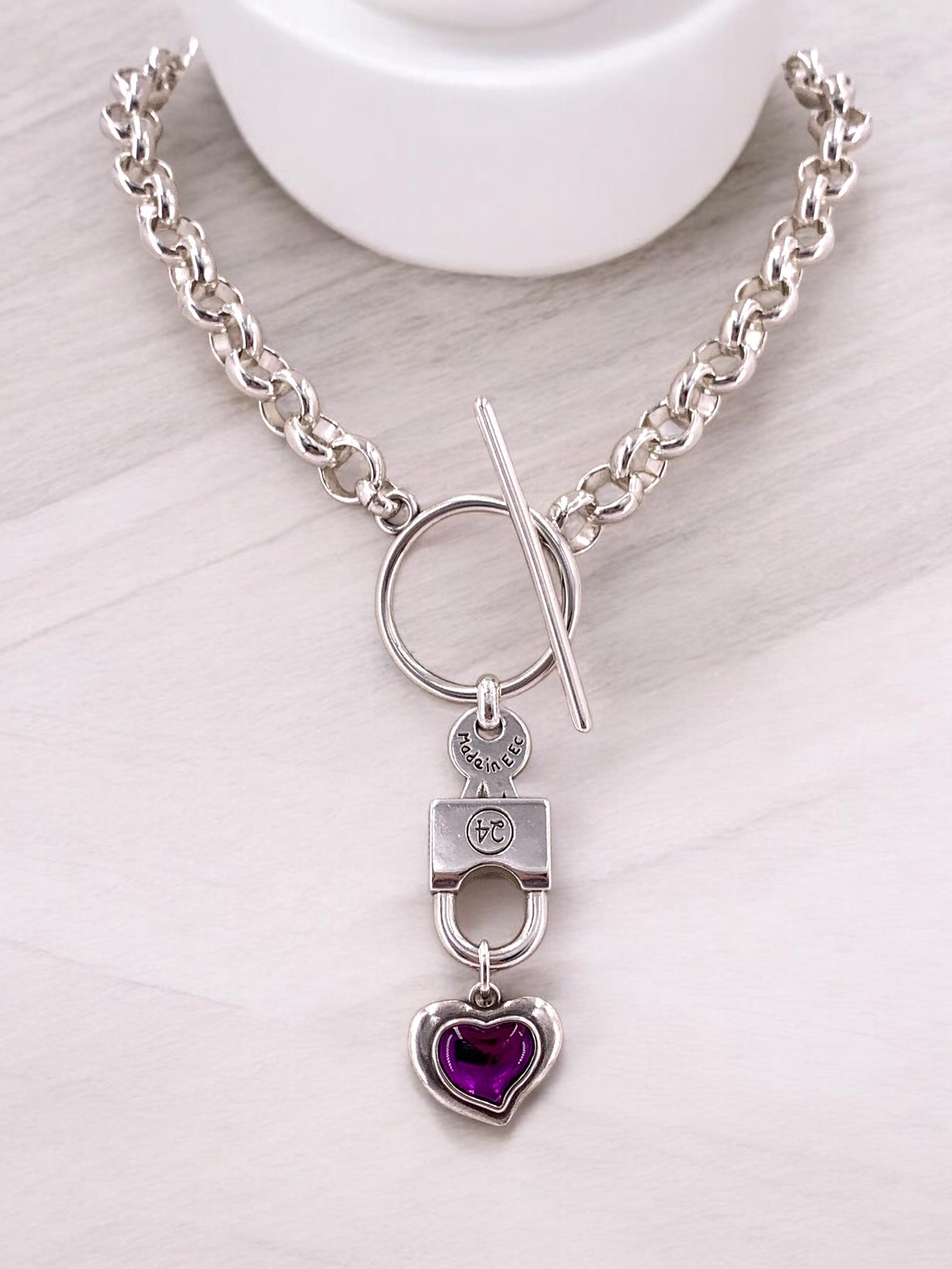 Chunky silver necklace with heart and padlock pendant and chunky silver chain, special gift for girlfriend, uno de 50 style, toggle necklace