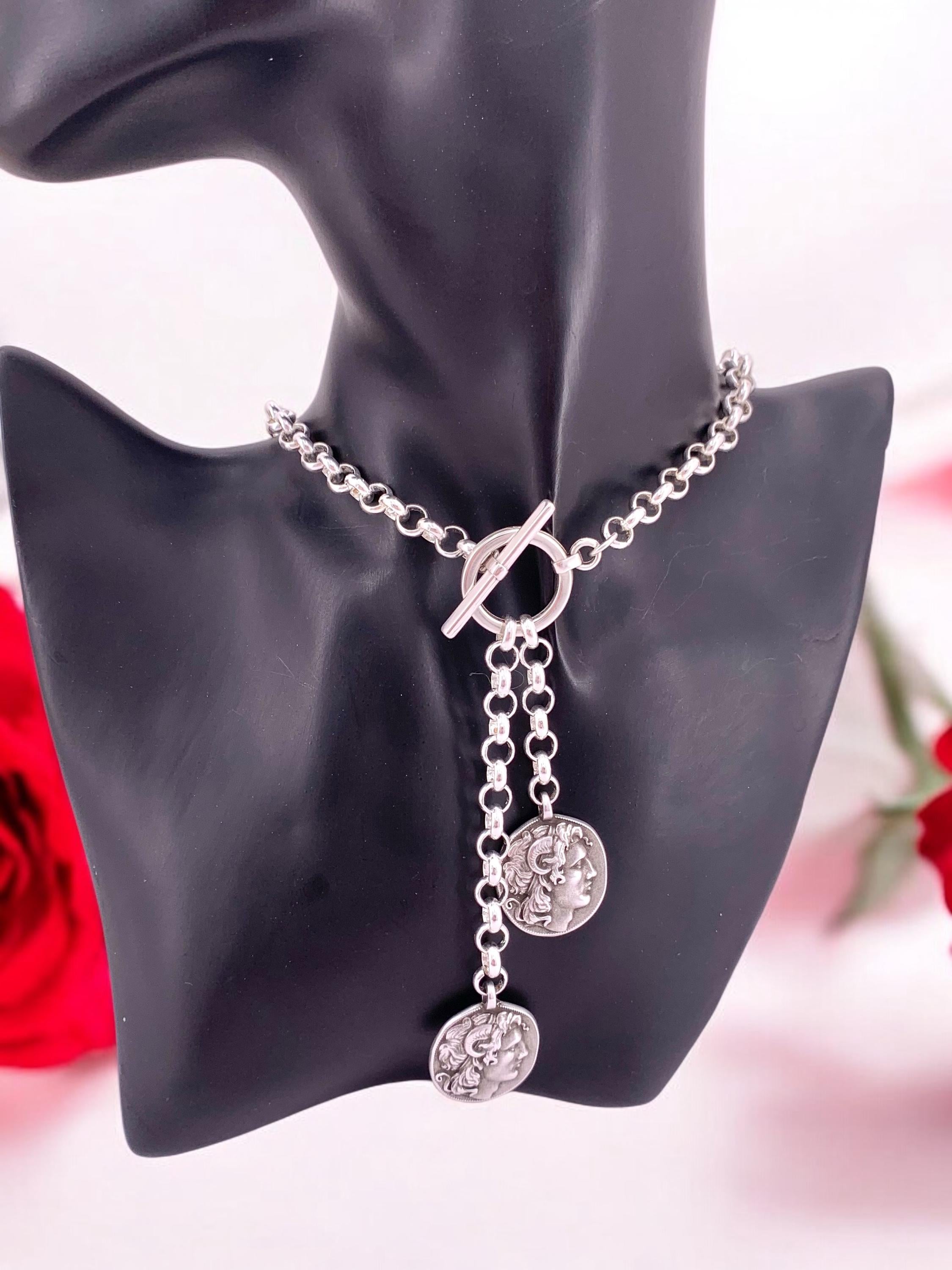 chunky silver lariat coin pendant statement necklace, toggle silver pendant necklace, uno de 50 style, bold chain T necklace, gift for women