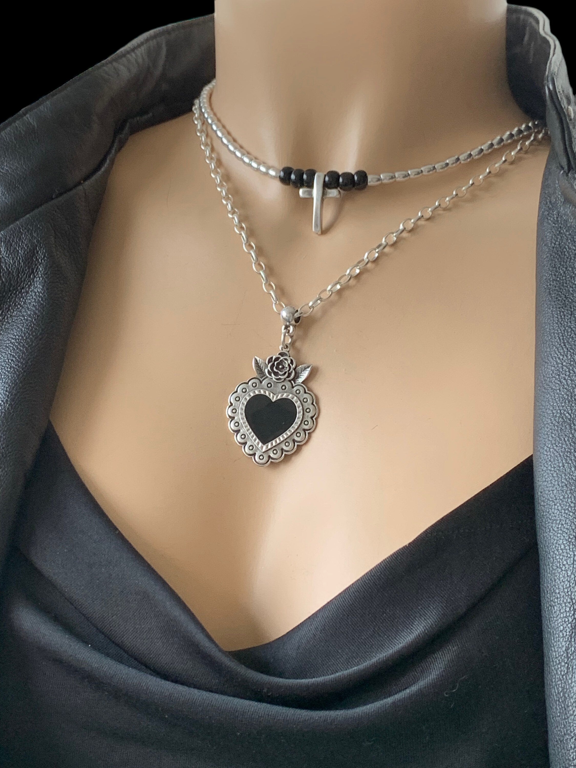Layering silver necklace with cross and statement black heart pendant, double strand necklace, heart necklace, cross necklace, gift for her