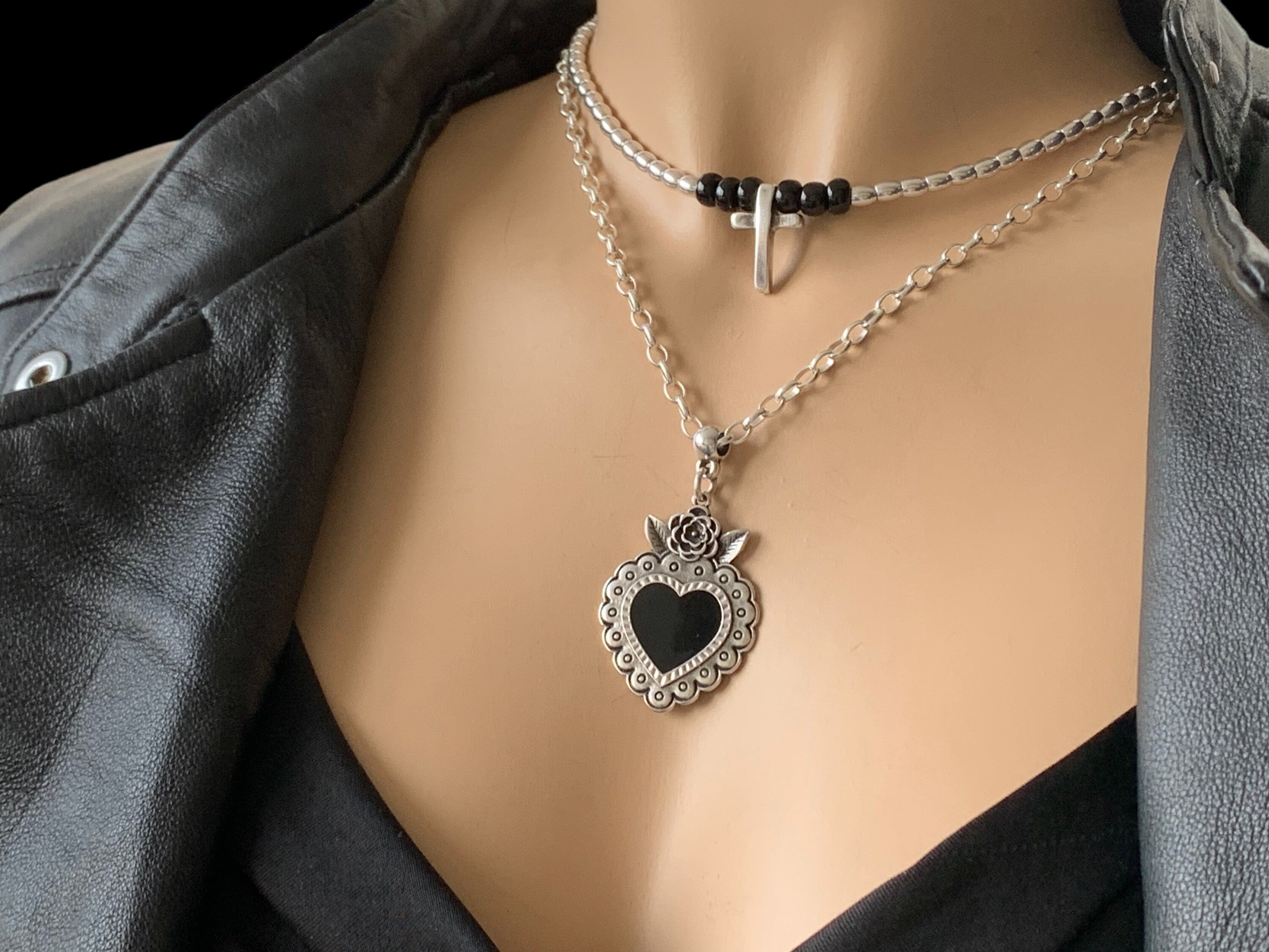 Layering silver necklace with cross and statement black heart pendant, double strand necklace, heart necklace, cross necklace, gift for her