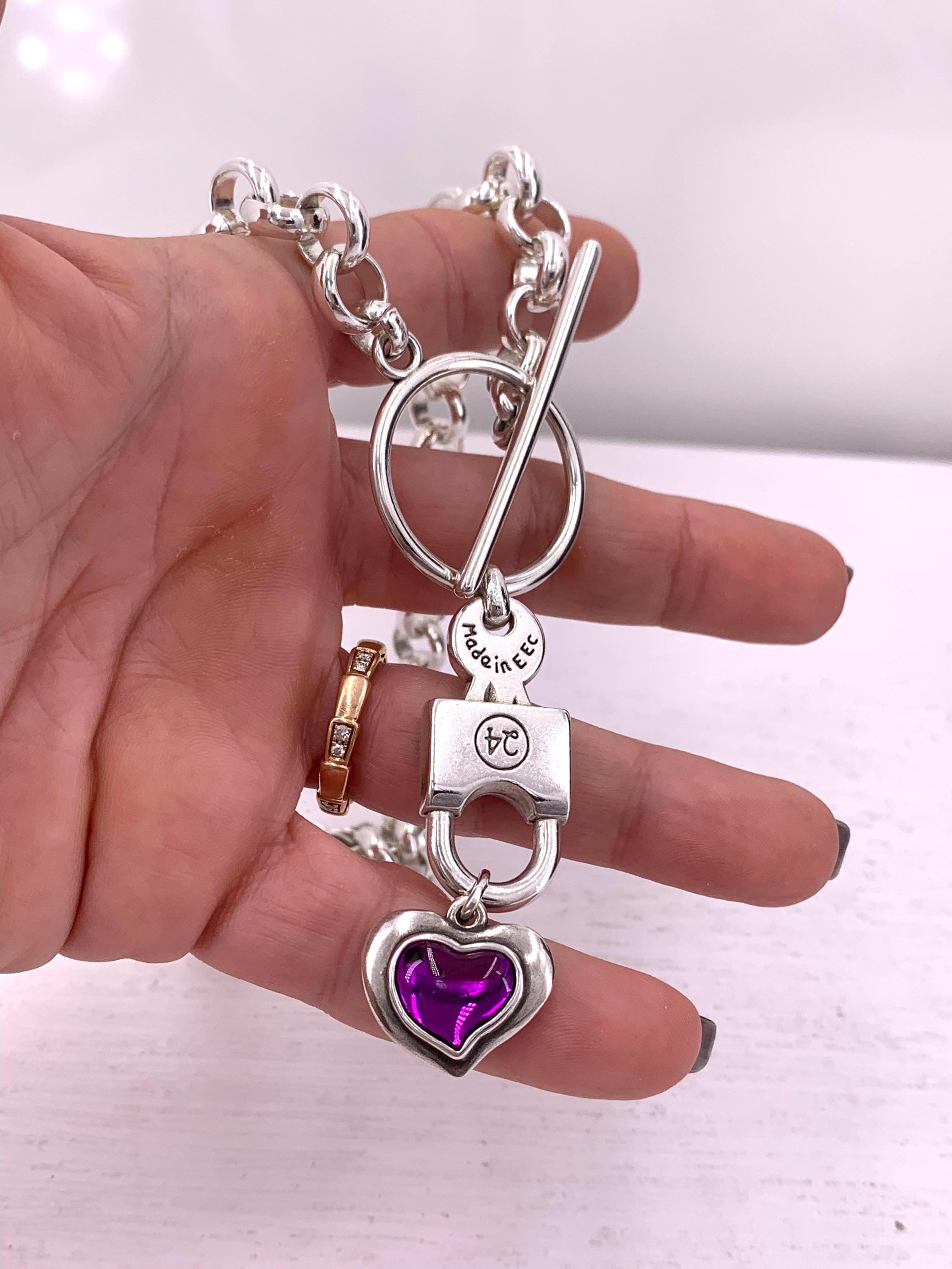 Chunky silver necklace with heart and padlock pendant and chunky silver chain, special gift for girlfriend, uno de 50 style, toggle necklace