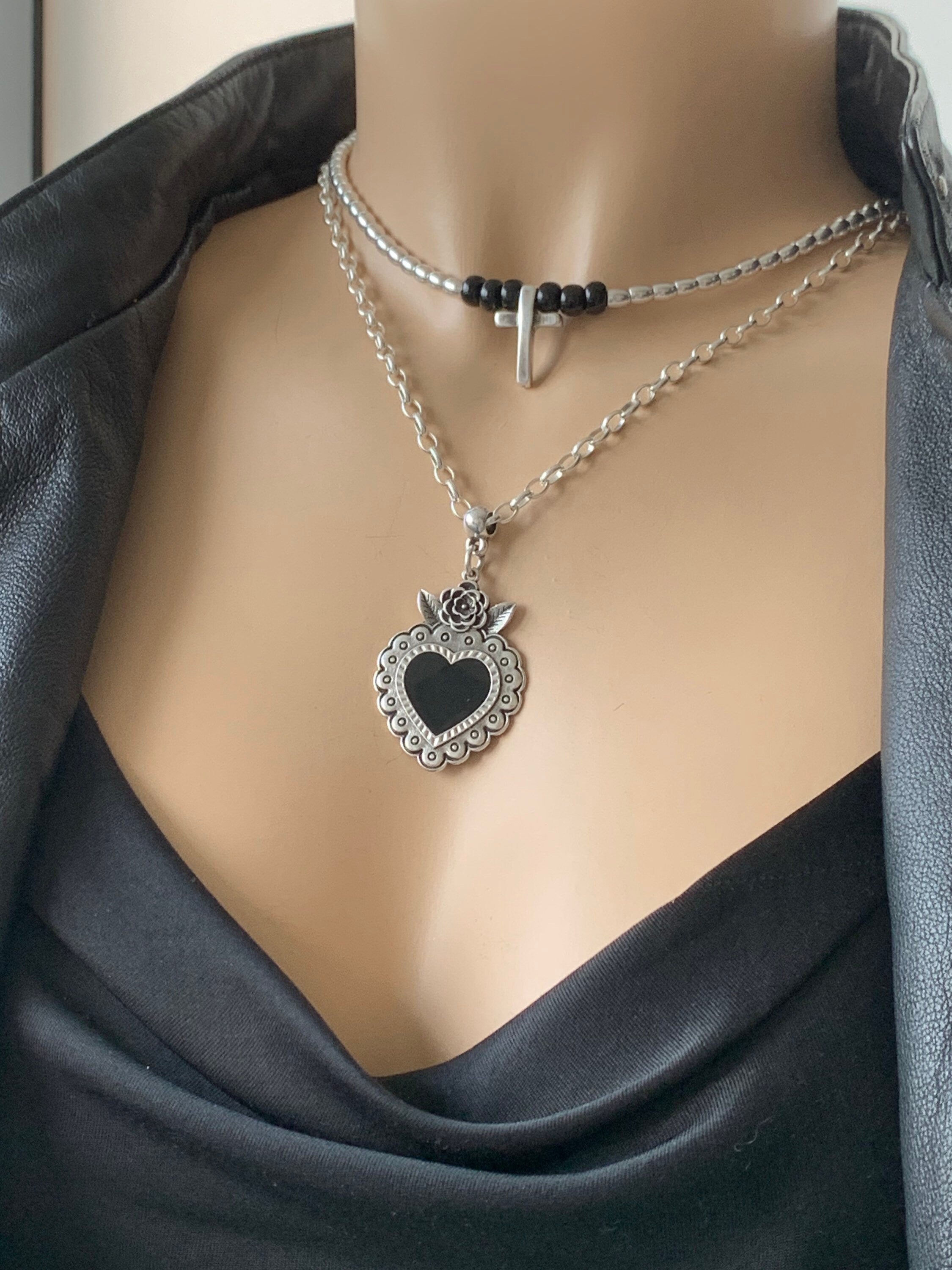 Layering silver necklace with cross and statement black heart pendant, double strand necklace, heart necklace, cross necklace, gift for her