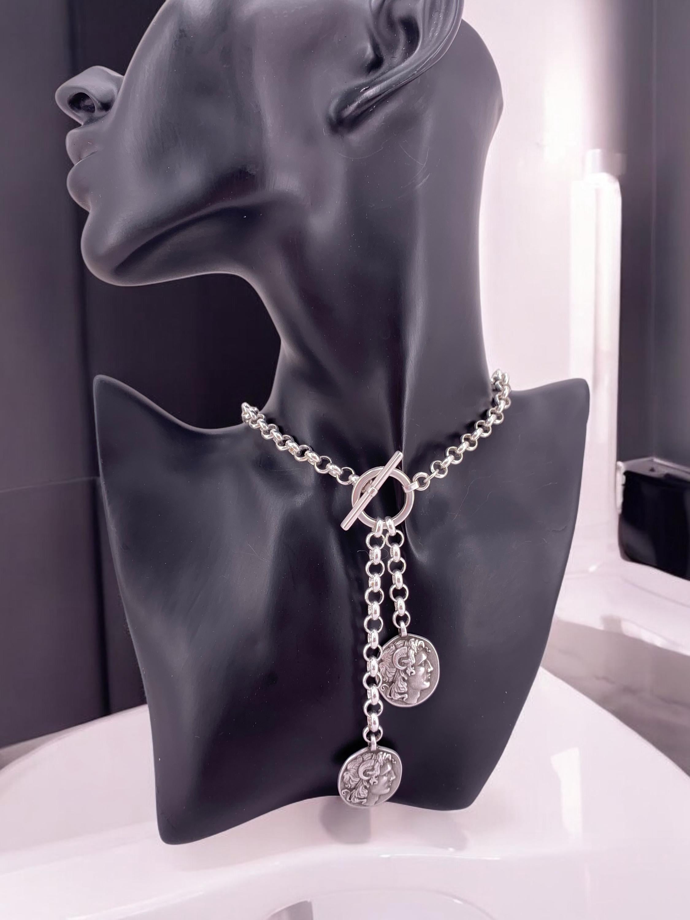 chunky silver lariat coin pendant statement necklace, toggle silver pendant necklace, uno de 50 style, bold chain T necklace, gift for women