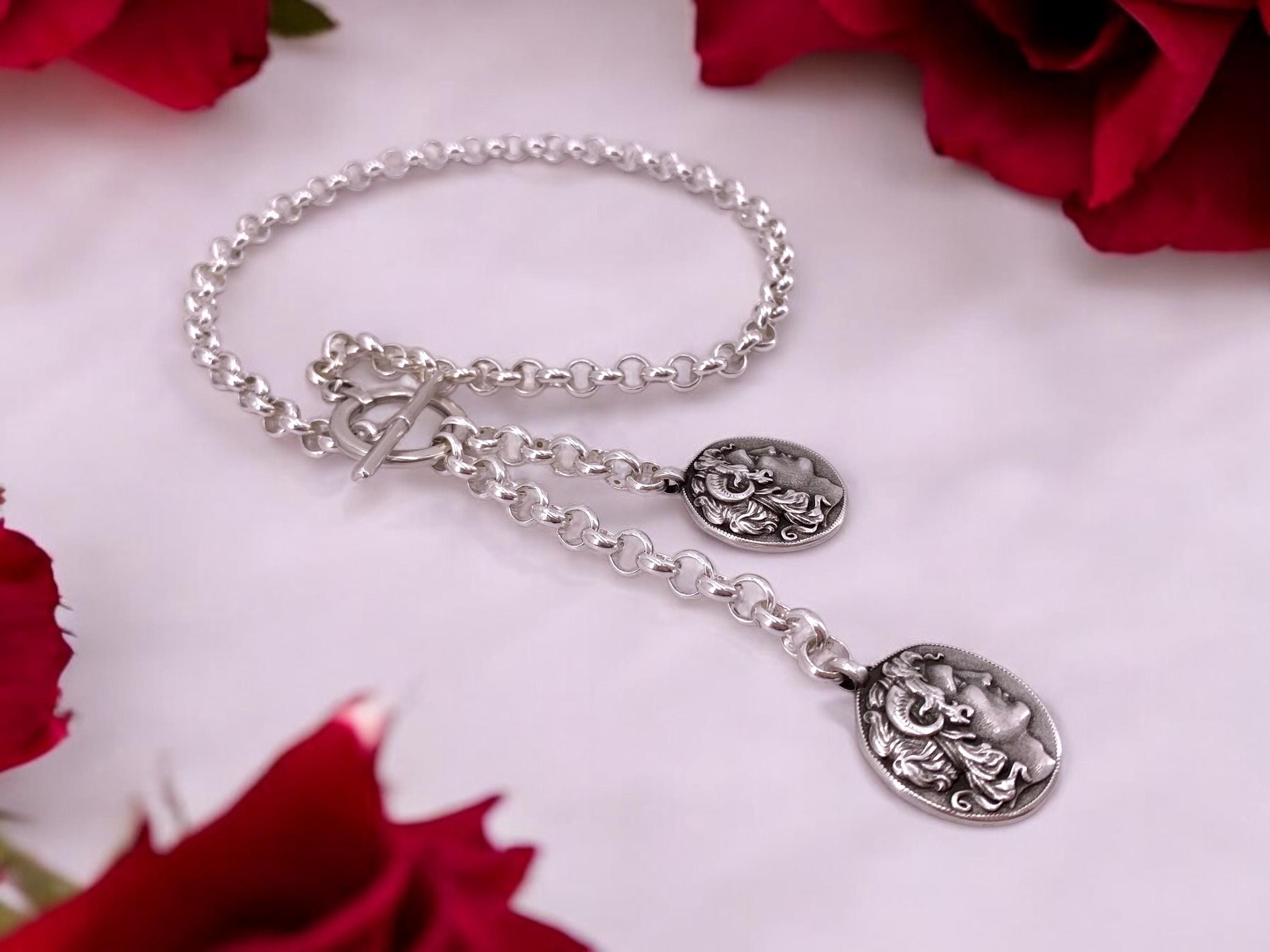 chunky silver lariat coin pendant statement necklace, toggle silver pendant necklace, uno de 50 style, bold chain T necklace, gift for women