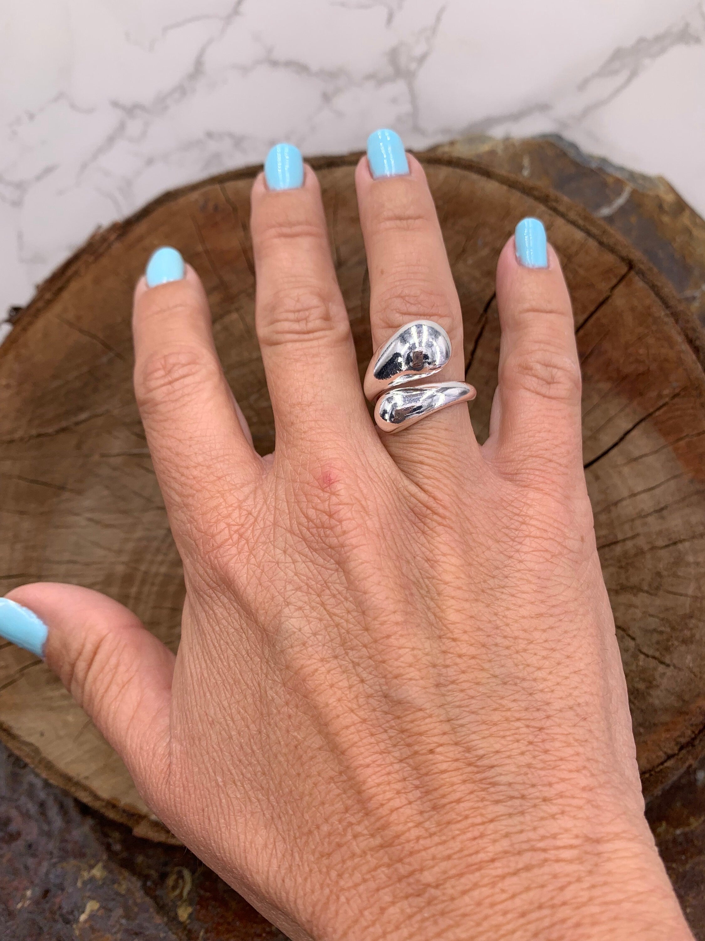 Chunky Silver Ring – Dome Water Drop Design – Adjustable Open Band – Oversize Statement Ring – Kukuri Jewelry