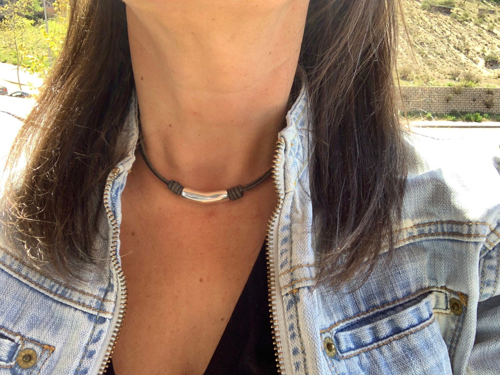 Leather necklace with silver tube bead, minimalist silver and leather choker, uno de 50 style, customized necklace, bohemian tribal necklace