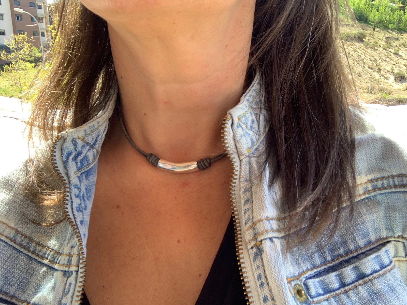 Leather necklace with silver tube bead, minimalist silver and leather choker, uno de 50 style, customized necklace, bohemian tribal necklace
