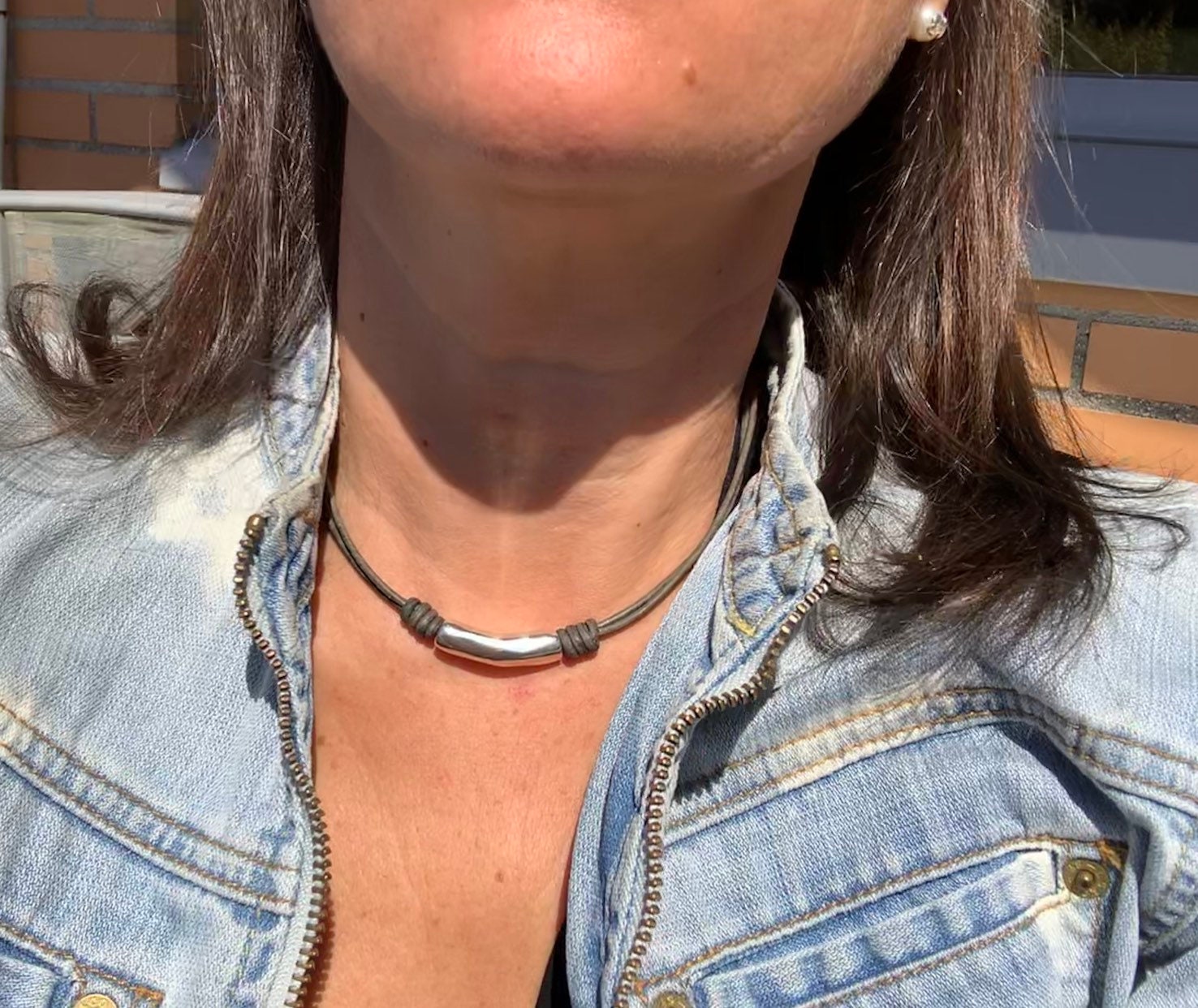 Leather necklace with silver tube bead, minimalist silver and leather choker, uno de 50 style, customized necklace, bohemian tribal necklace