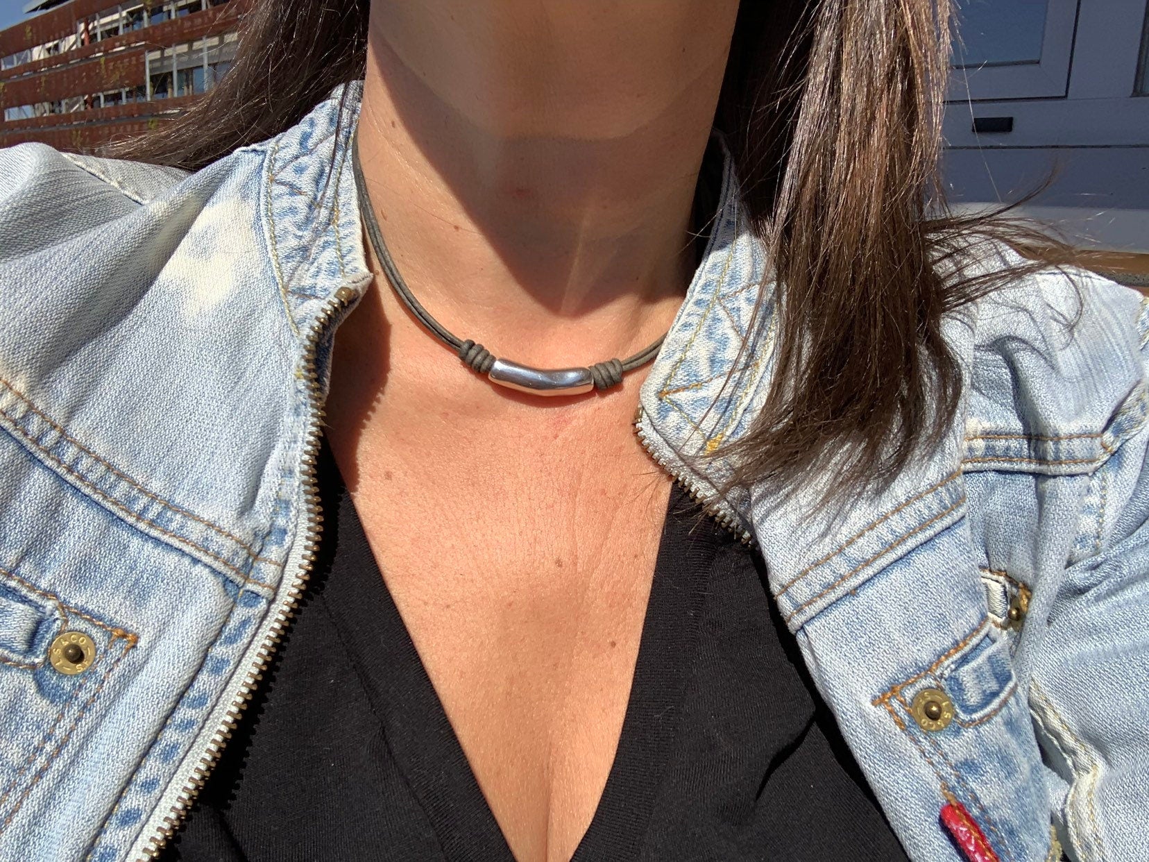 Leather necklace with silver tube bead, minimalist silver and leather choker, uno de 50 style, customized necklace, bohemian tribal necklace