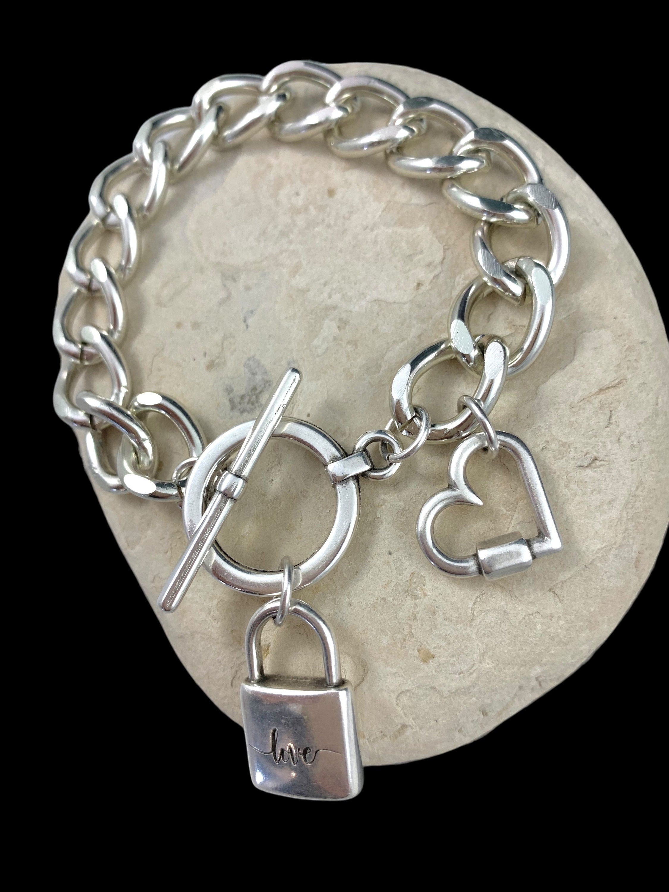 Pulsera maciza con cierre de y colgante de corazón, pulsera chapada en plata con cadena gruesa y pesada, estilo uno de 50