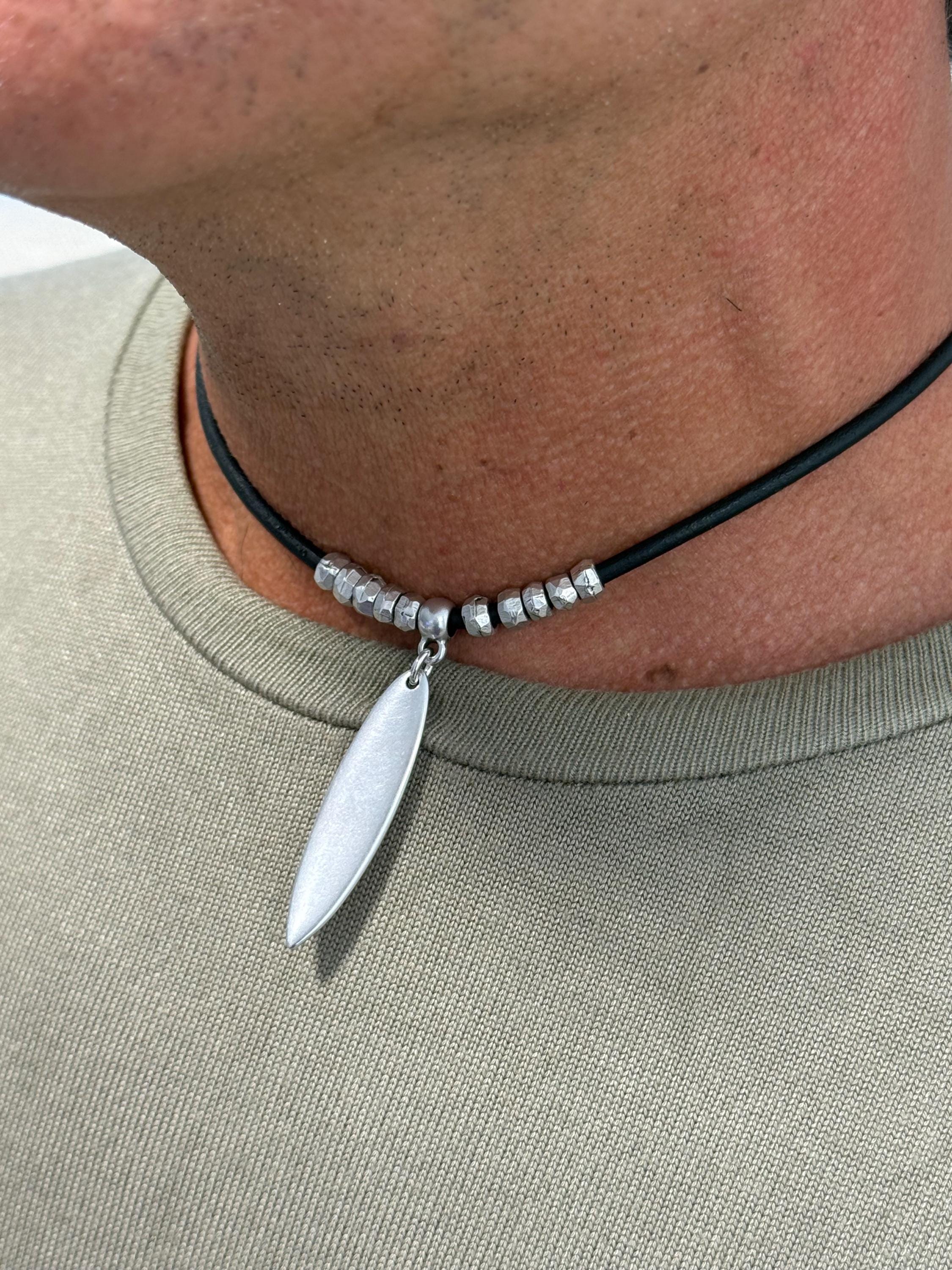 manly and masculine leather necklace for men, surf necklace, beach necklace, surfer necklace, surfboard necklace, gift for boyfriend