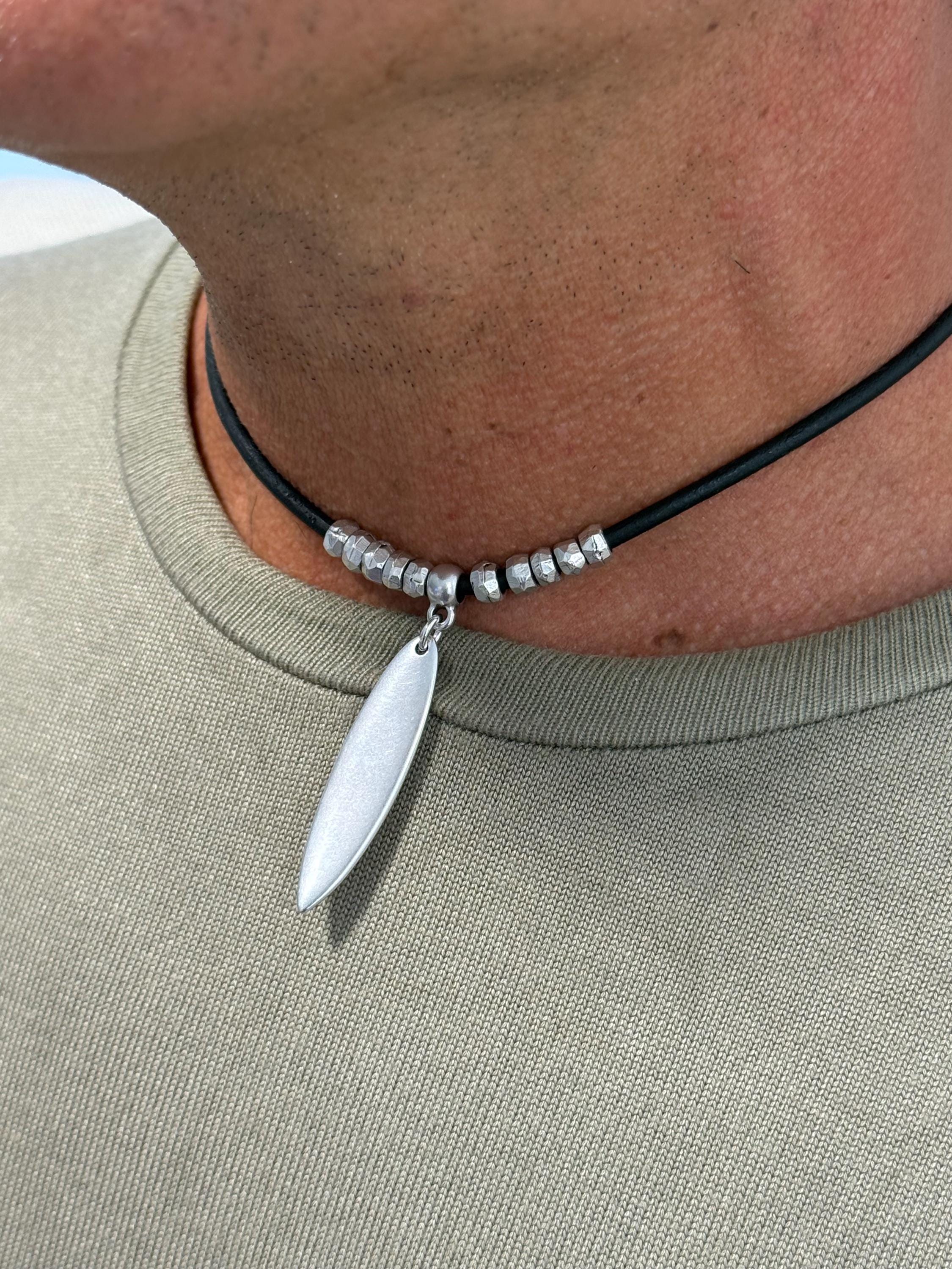 manly and masculine leather necklace for men, surf necklace, beach necklace, surfer necklace, surfboard necklace, gift for boyfriend