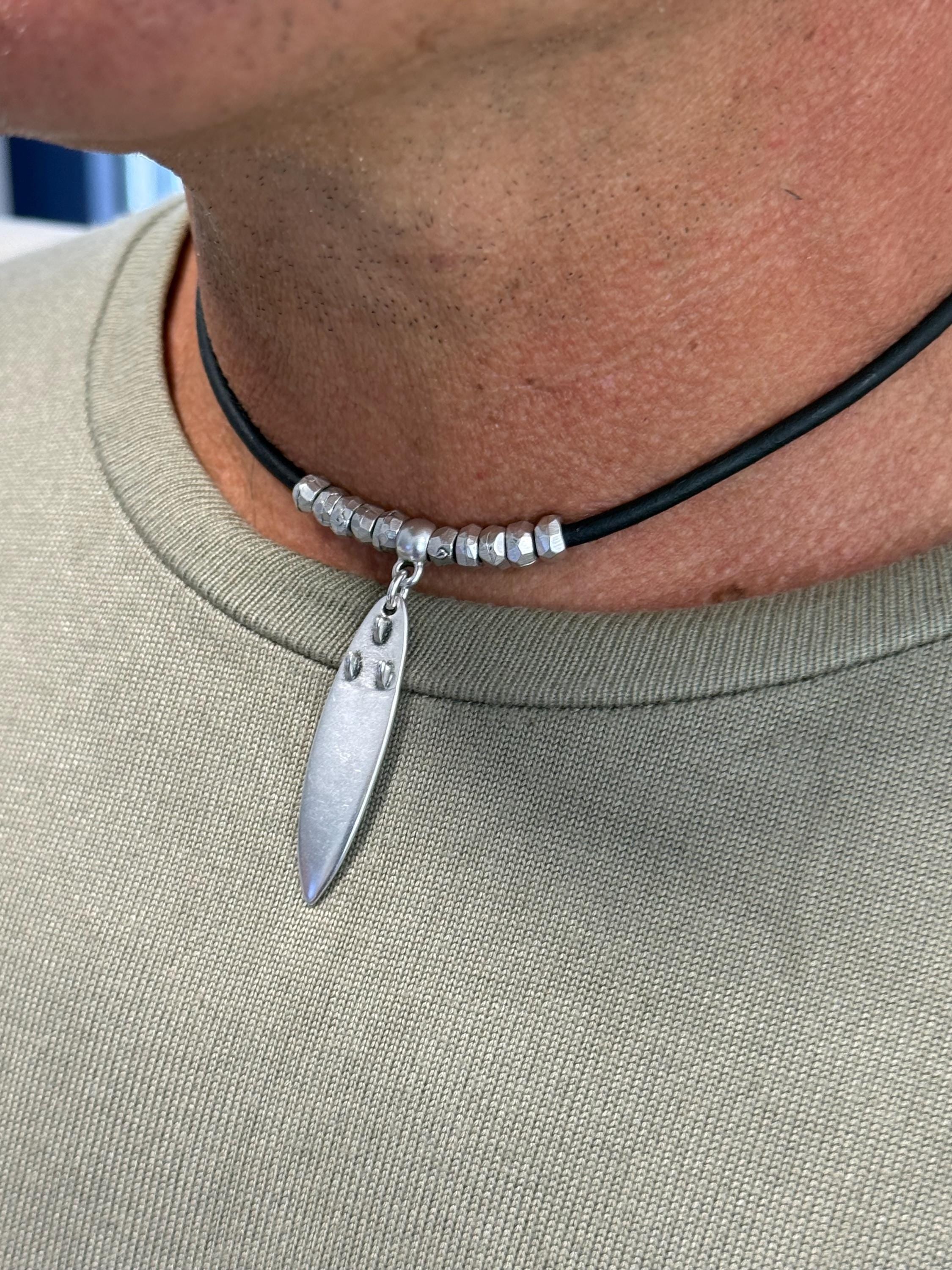 manly and masculine leather necklace for men, surf necklace, beach necklace, surfer necklace, surfboard necklace, gift for boyfriend