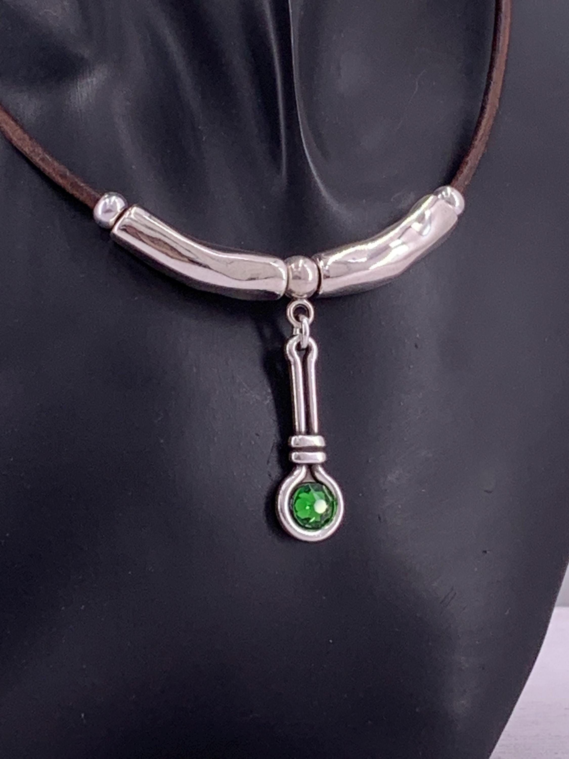 Leather necklace with silver beads and Swarovski crystal pendant, gift for her, uno de 50 style, silver pendant leather choker