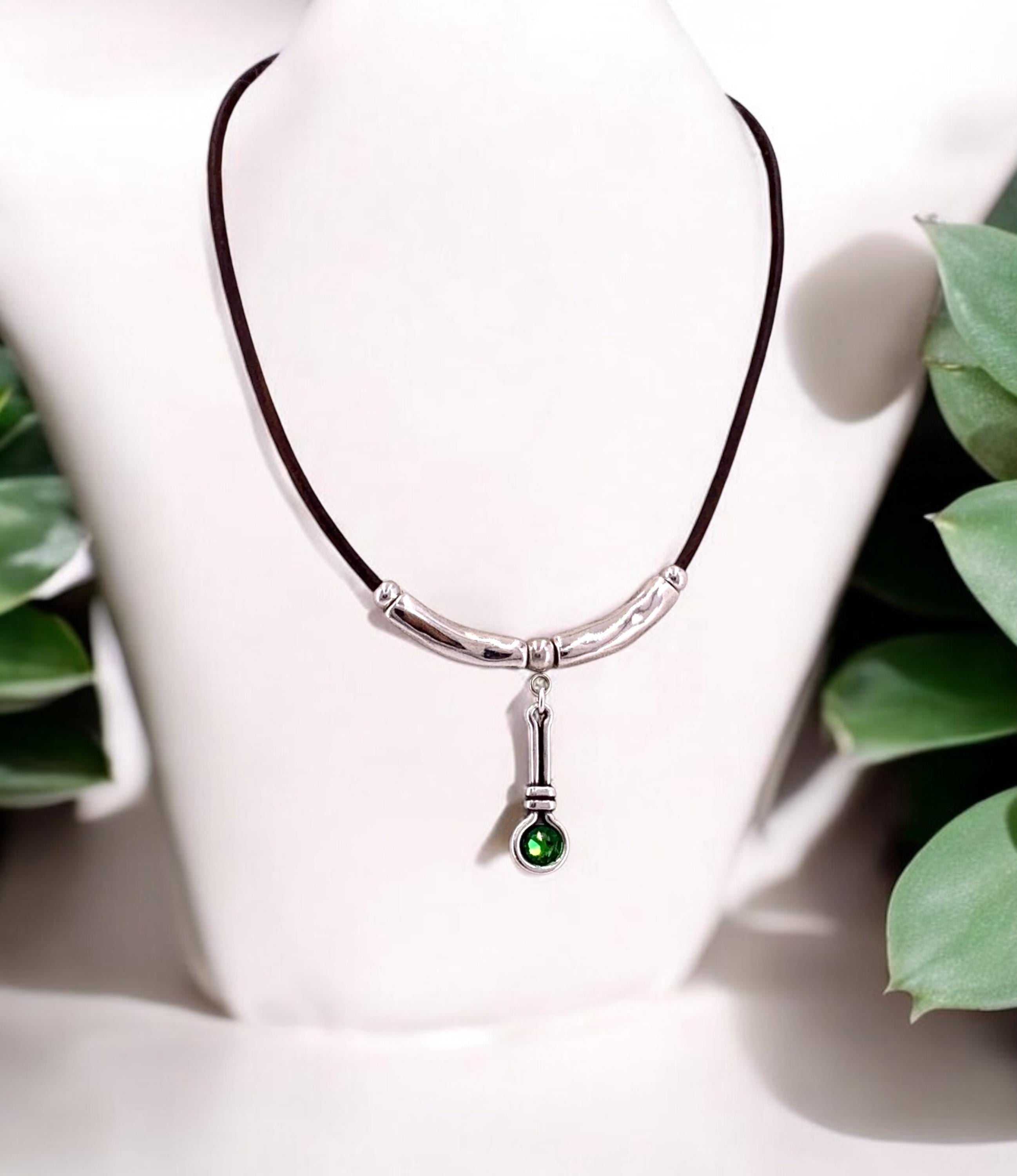 Leather necklace with silver beads and Swarovski crystal pendant, gift for her, uno de 50 style, silver pendant leather choker