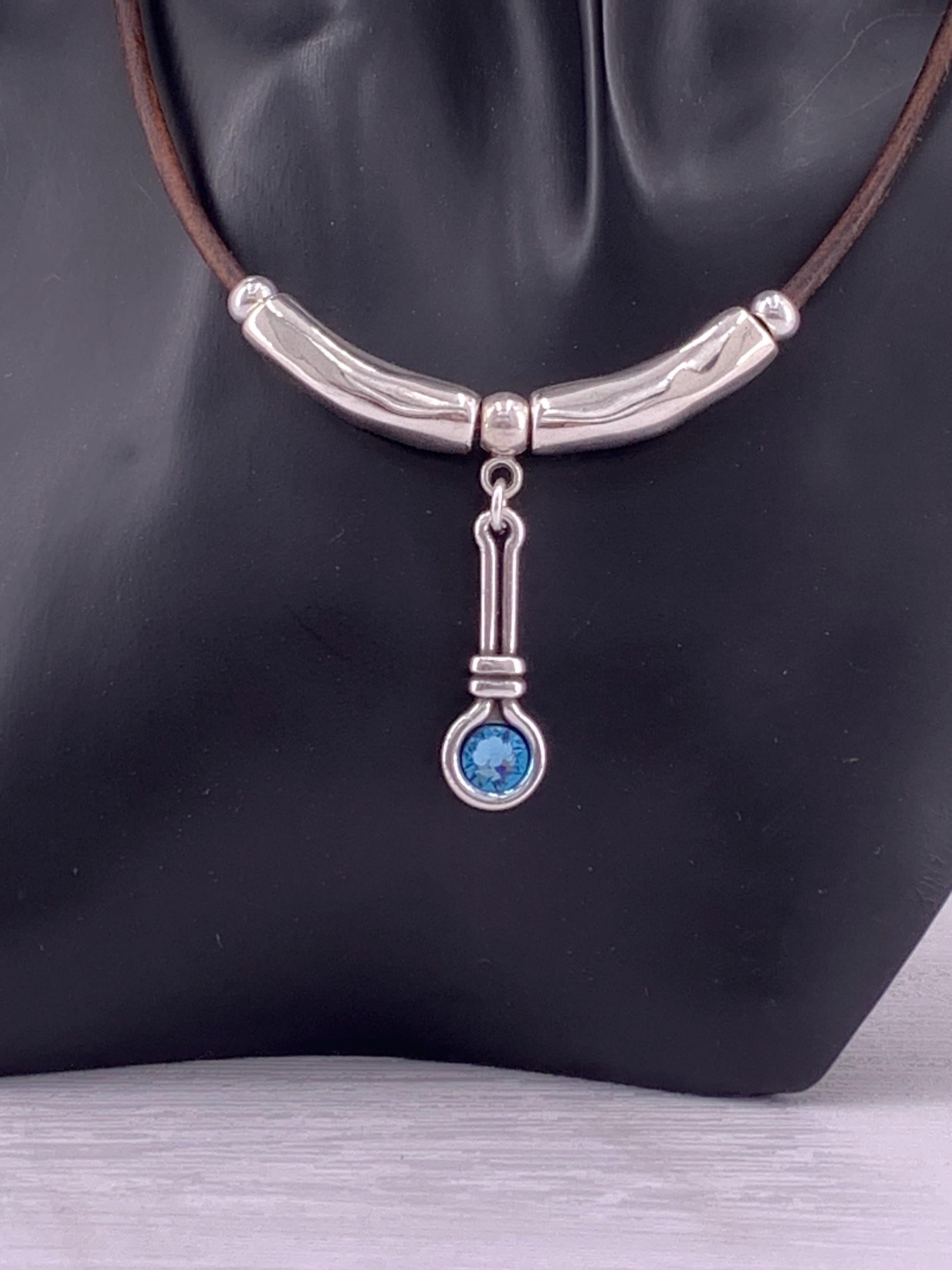 Leather necklace with silver beads and Swarovski crystal pendant, gift for her, uno de 50 style, silver pendant leather choker