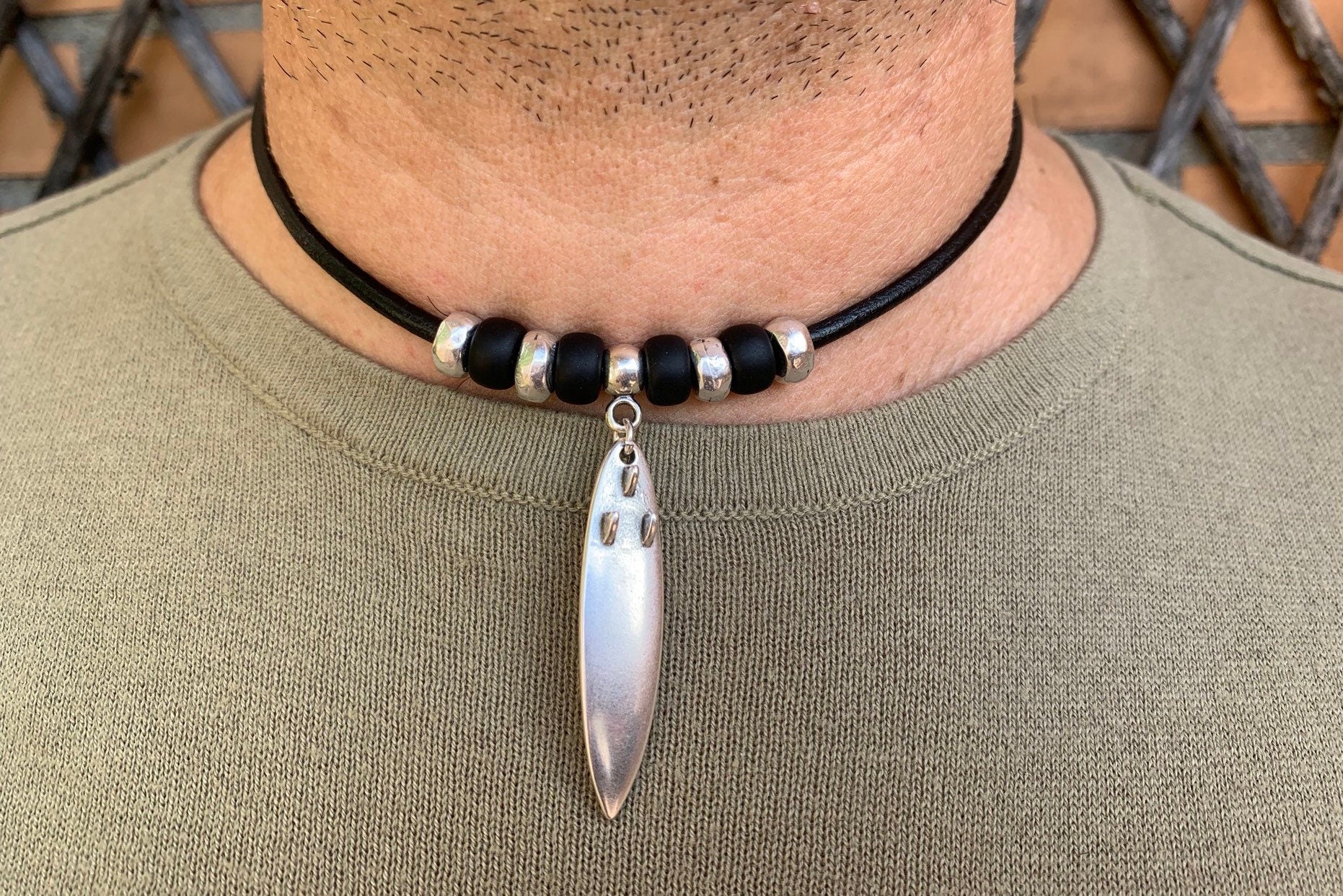 manly and masculine leather necklace for men, surf necklace, beach necklace, surfer necklace, surfboard necklace, men gift
