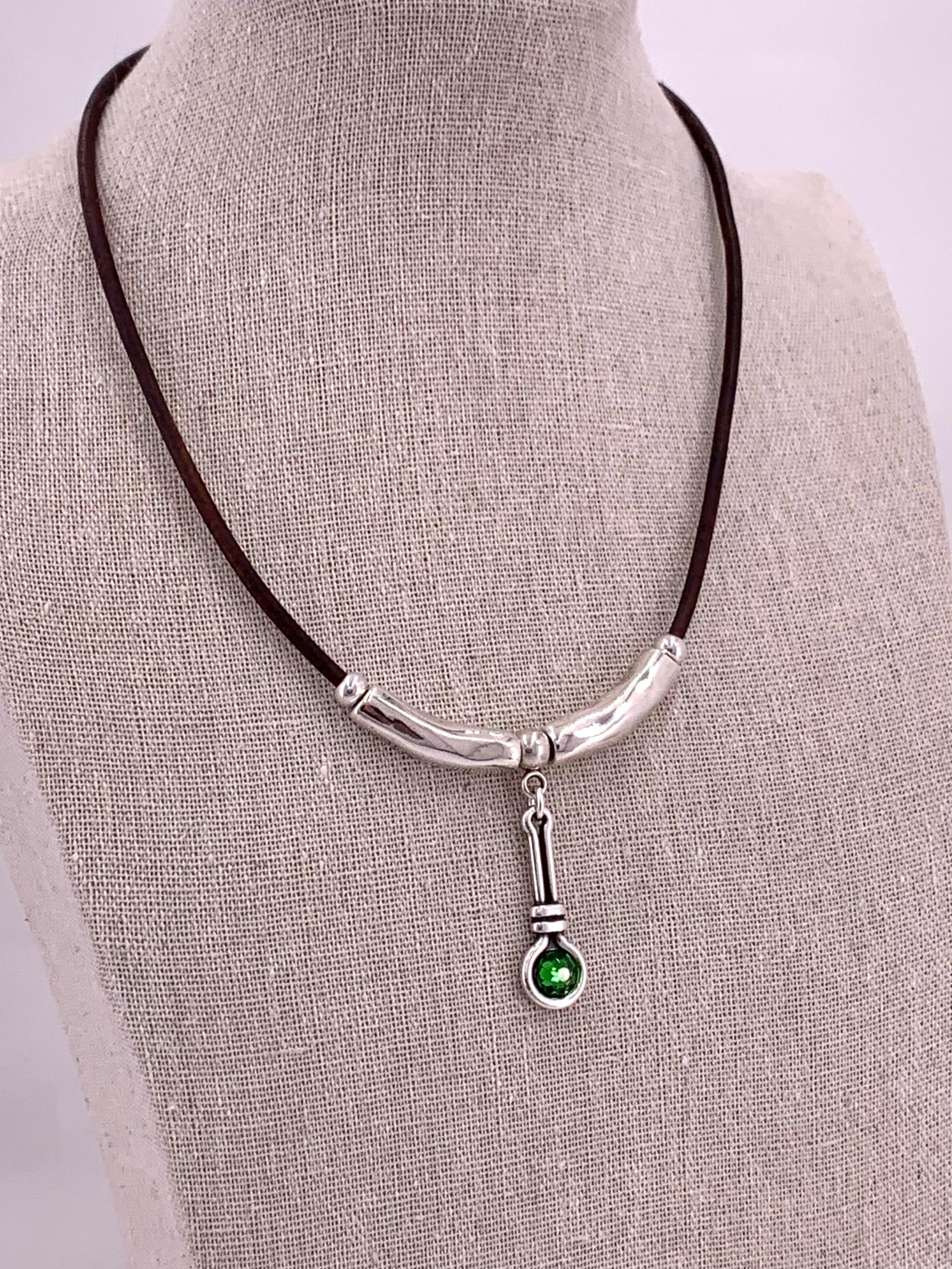 Leather necklace with silver beads and Swarovski crystal pendant, gift for her, uno de 50 style, silver pendant leather choker