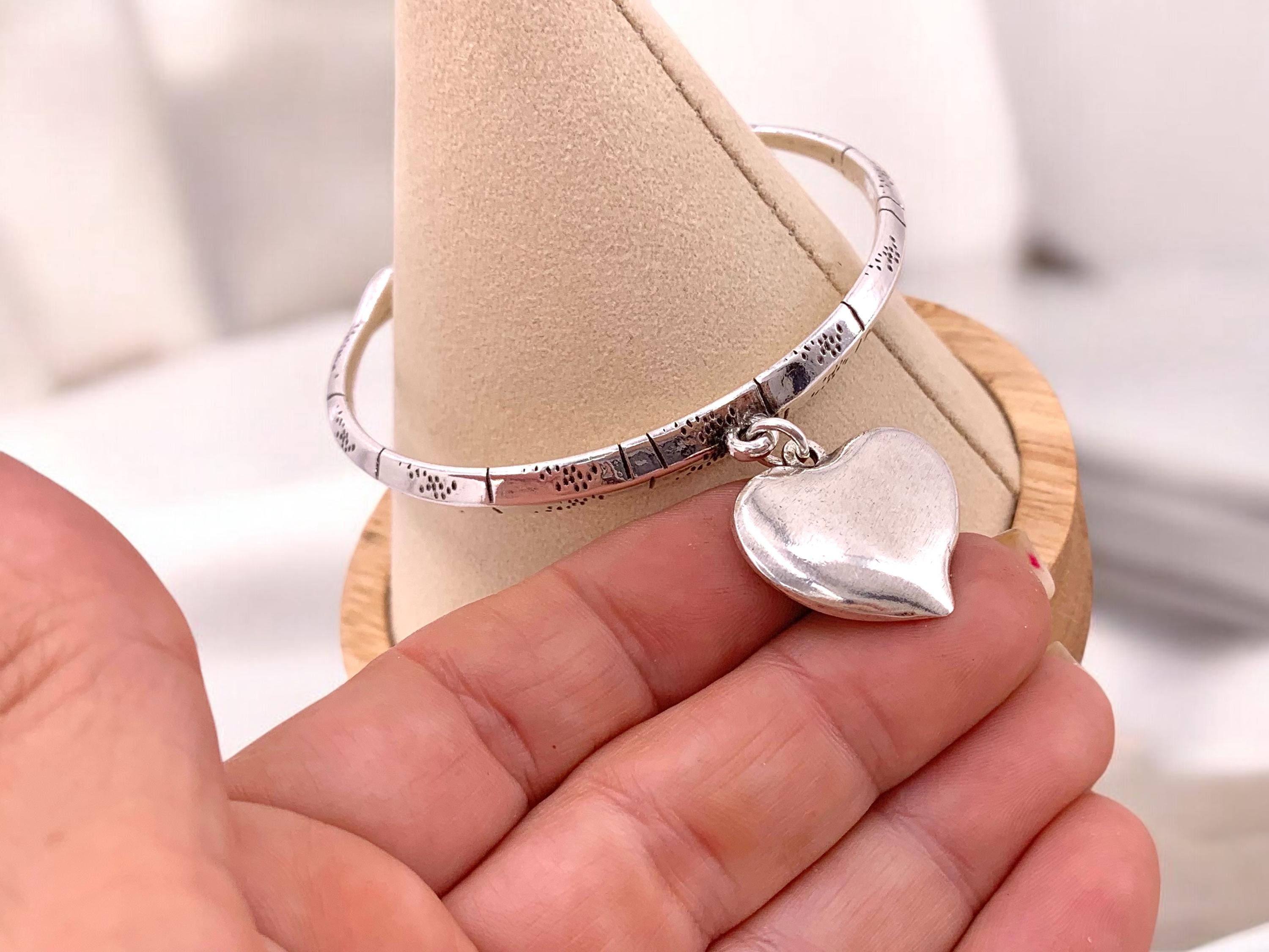 Silver engraved rigid silver cuff bracelets with heart pendant, silver engraving open bangle, uno de 50 style, padlock bracelet, gift