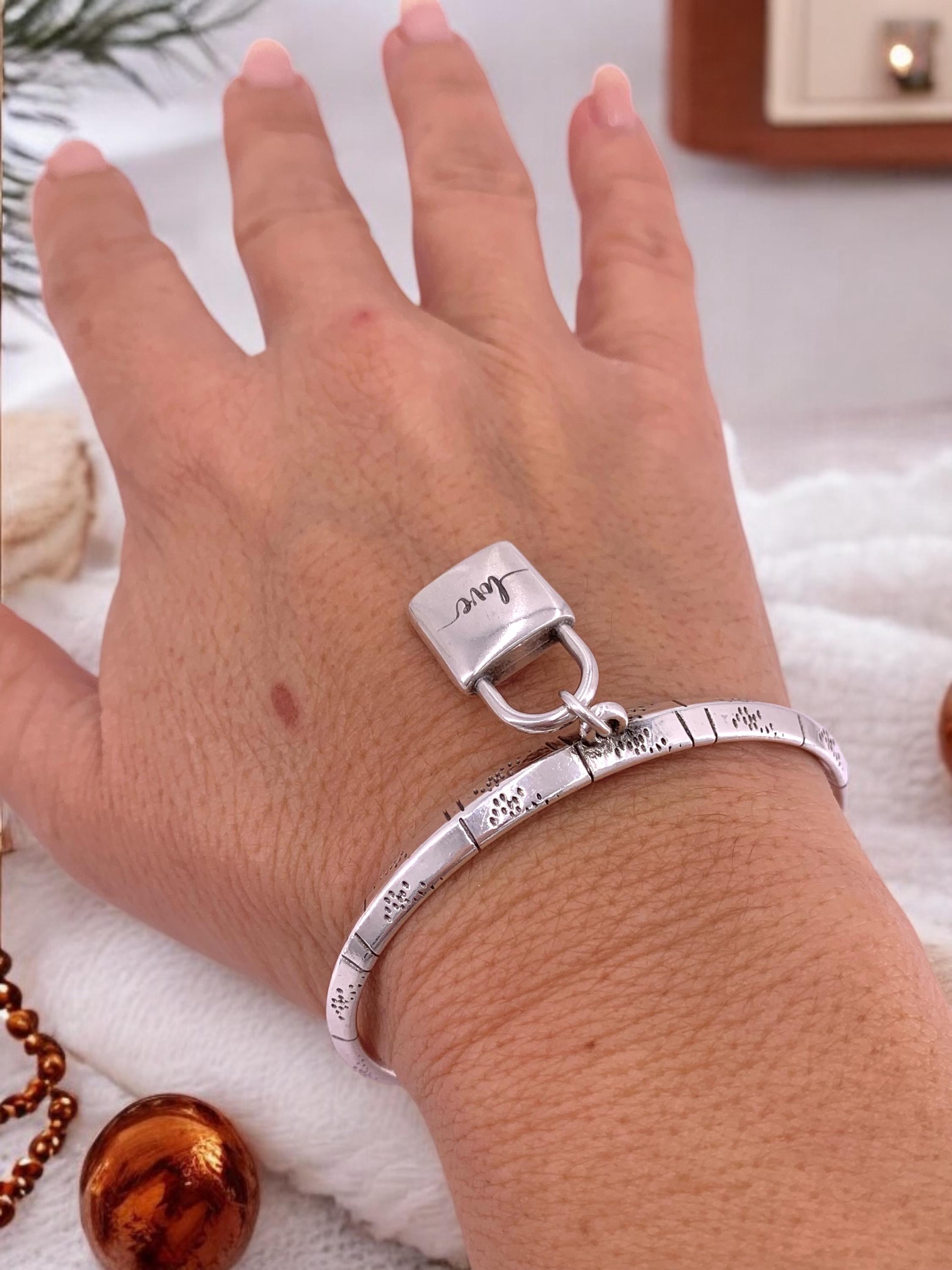 Silver engraved rigid silver cuff bracelets with padlock pendant, silver engraving open bangle, uno de 50 style, padlock bracelet, gift