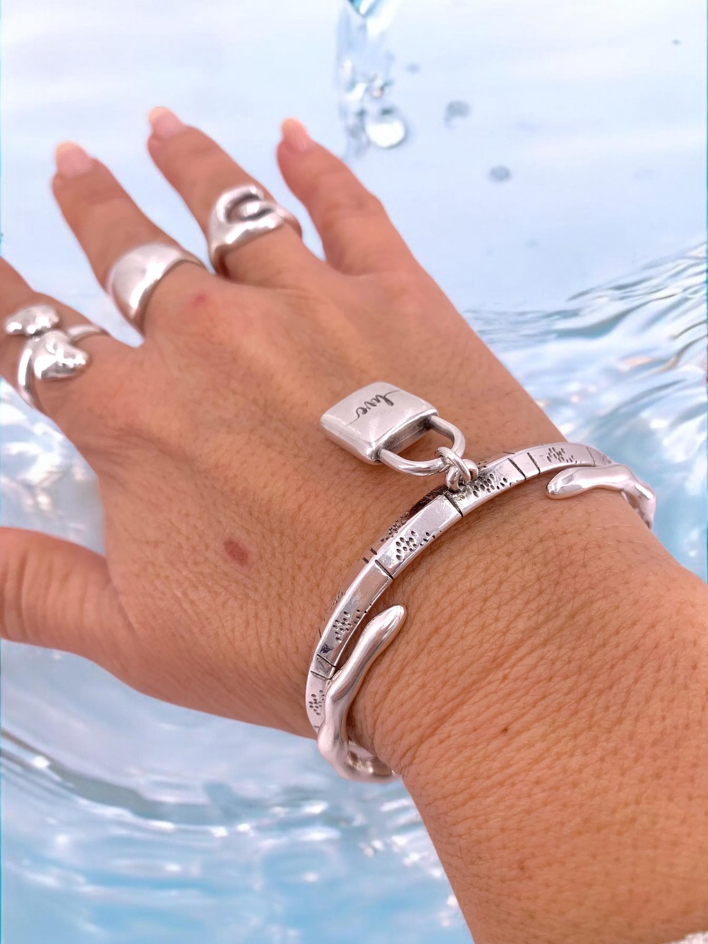 Silver engraved rigid silver cuff bracelets with padlock pendant, silver engraving open bangle, uno de 50 style, padlock bracelet, gift