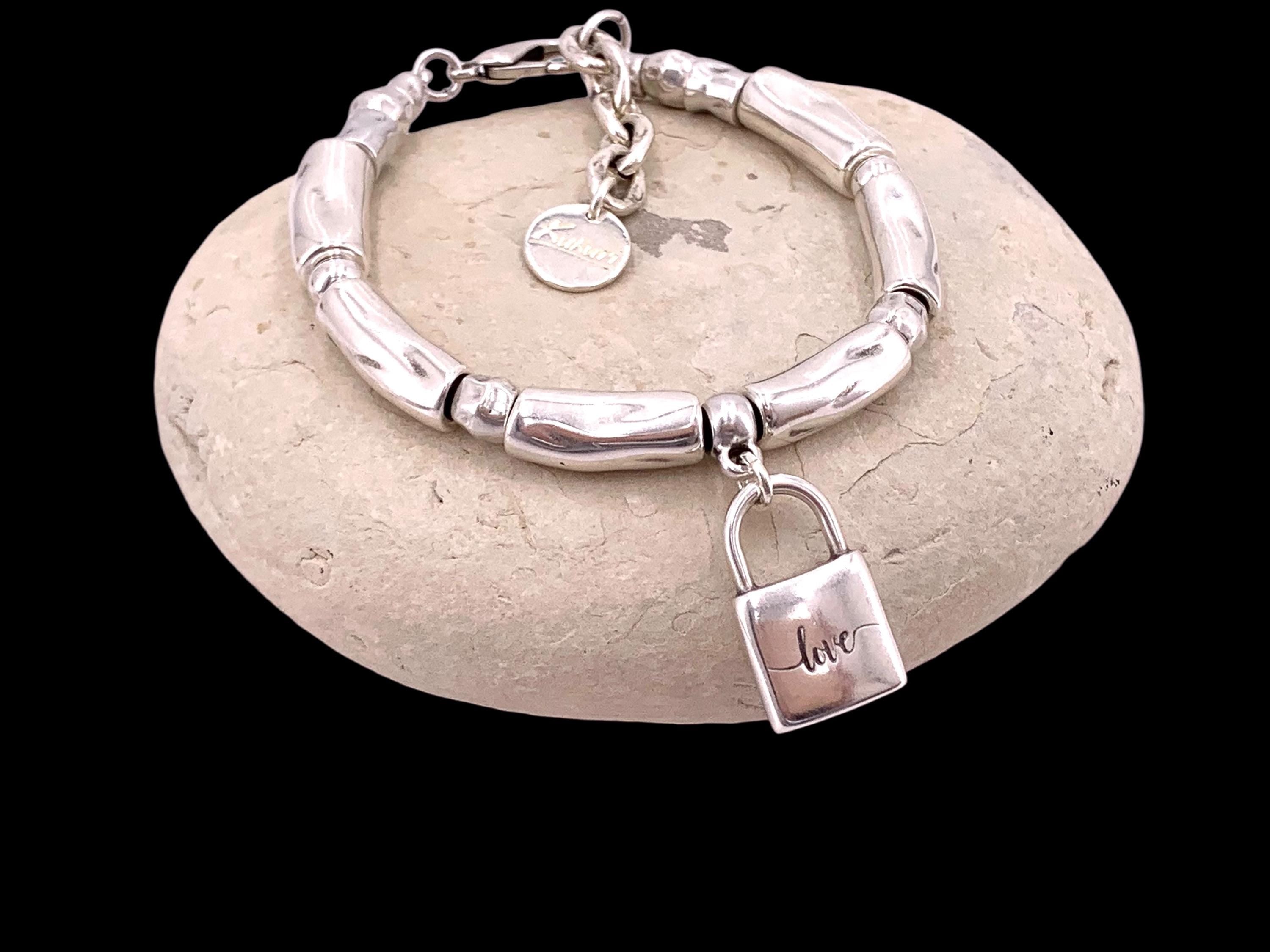 Chunky Padlock Bracelet with “Love” Engraving – Bold Silver & Leather Statement Cuff – Adjustable Kukuri Jewelry Exclusive Design - gift