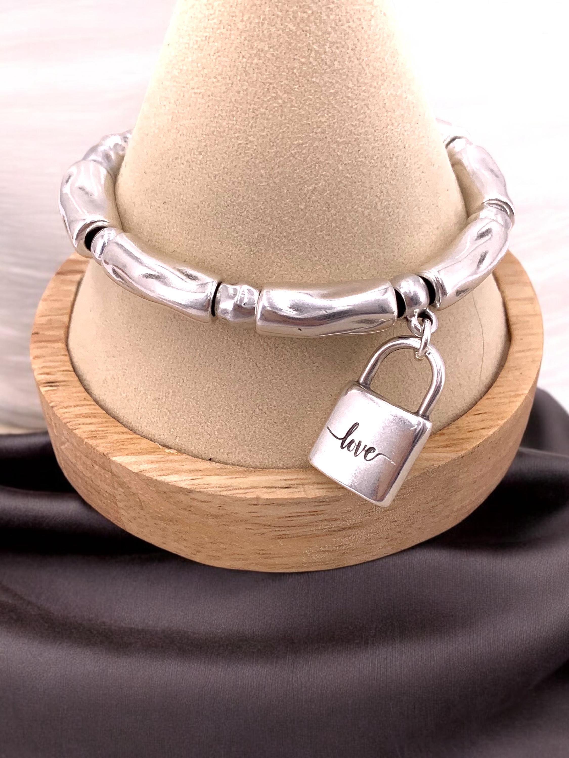 Chunky Padlock Bracelet with “Love” Engraving – Bold Silver & Leather Statement Cuff – Adjustable Kukuri Jewelry Exclusive Design - gift