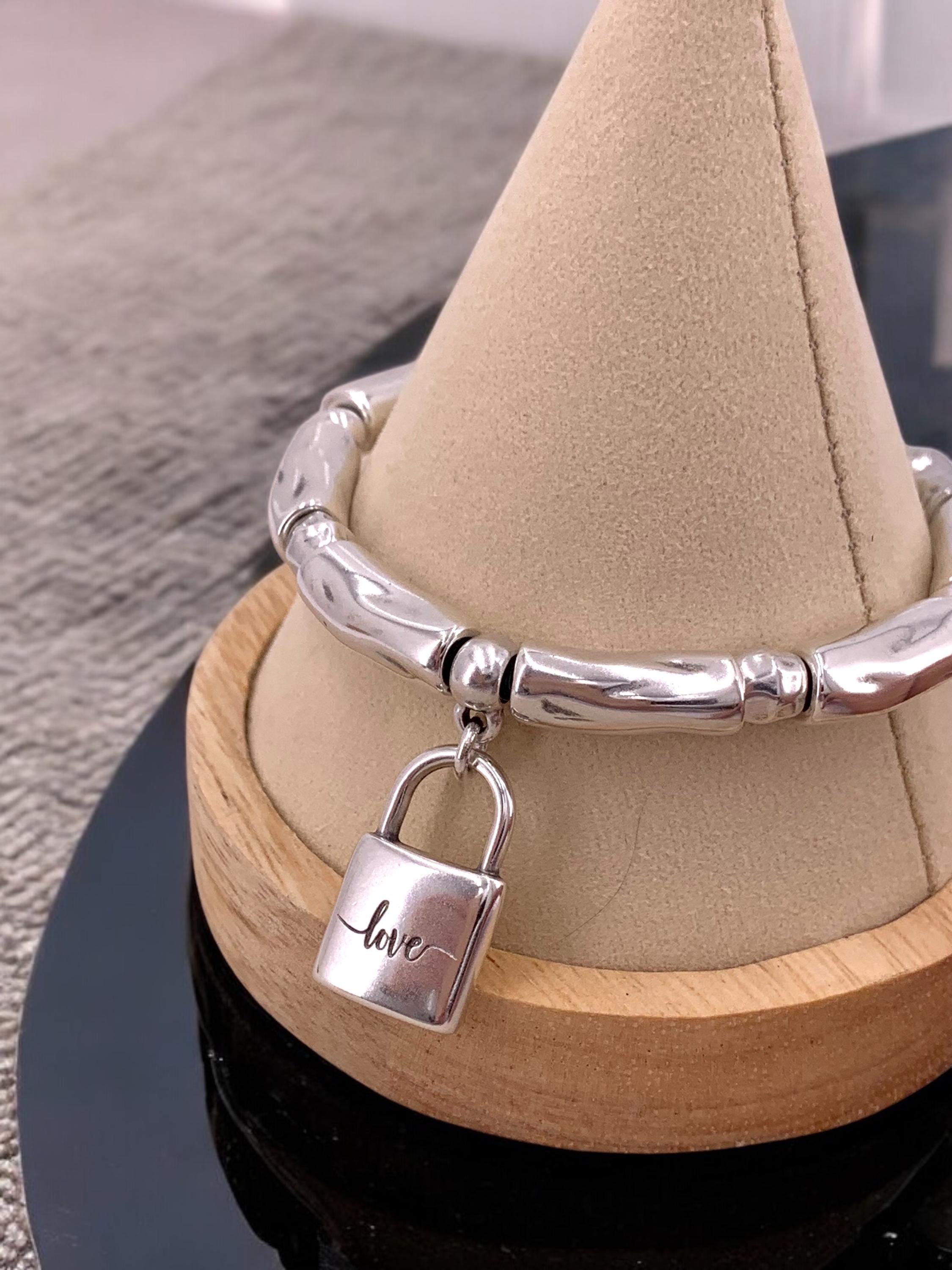 Chunky Padlock Bracelet with “Love” Engraving – Bold Silver & Leather Statement Cuff – Adjustable Kukuri Jewelry Exclusive Design - gift
