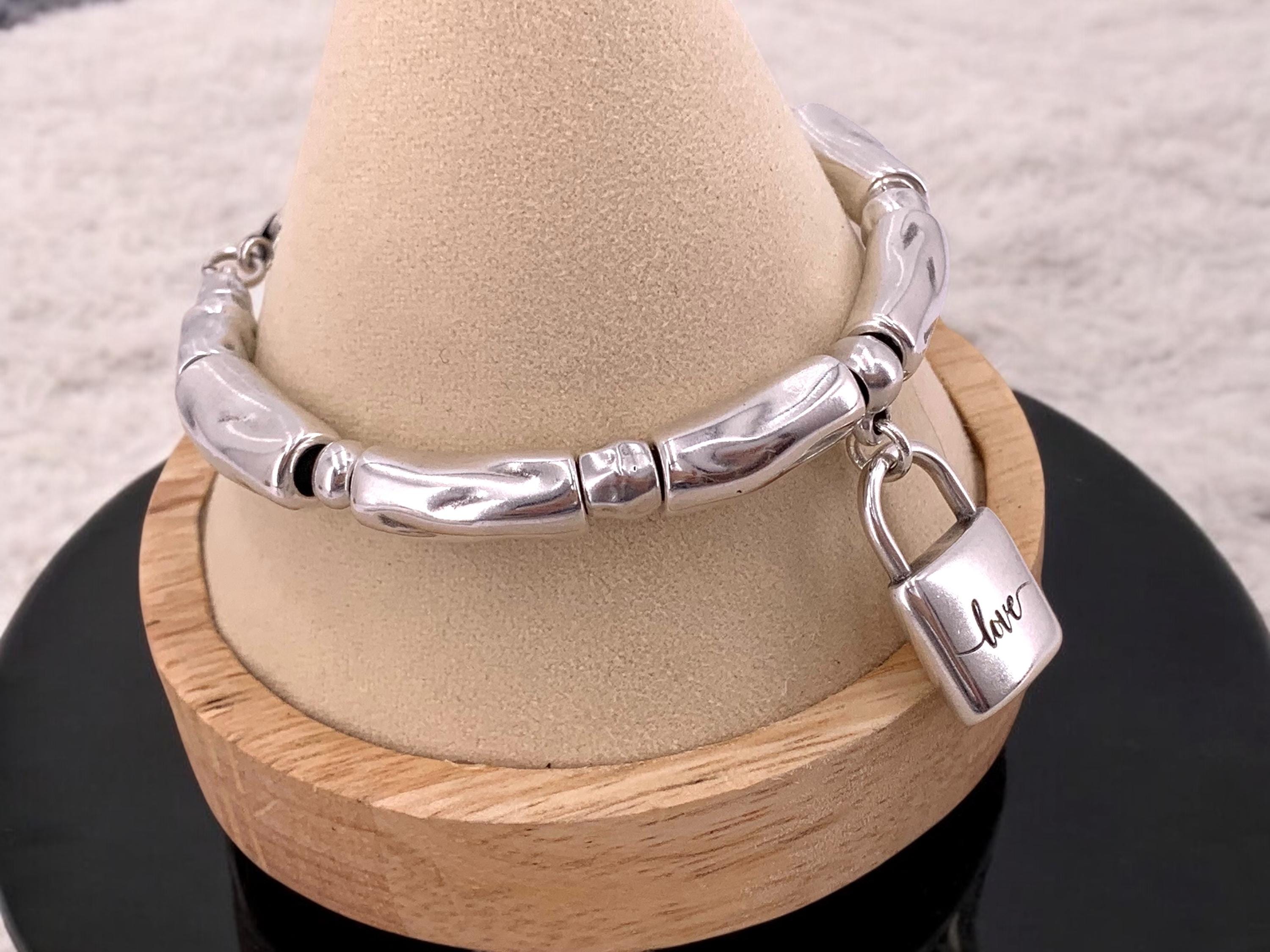 Chunky Padlock Bracelet with “Love” Engraving – Bold Silver & Leather Statement Cuff – Adjustable Kukuri Jewelry Exclusive Design - gift