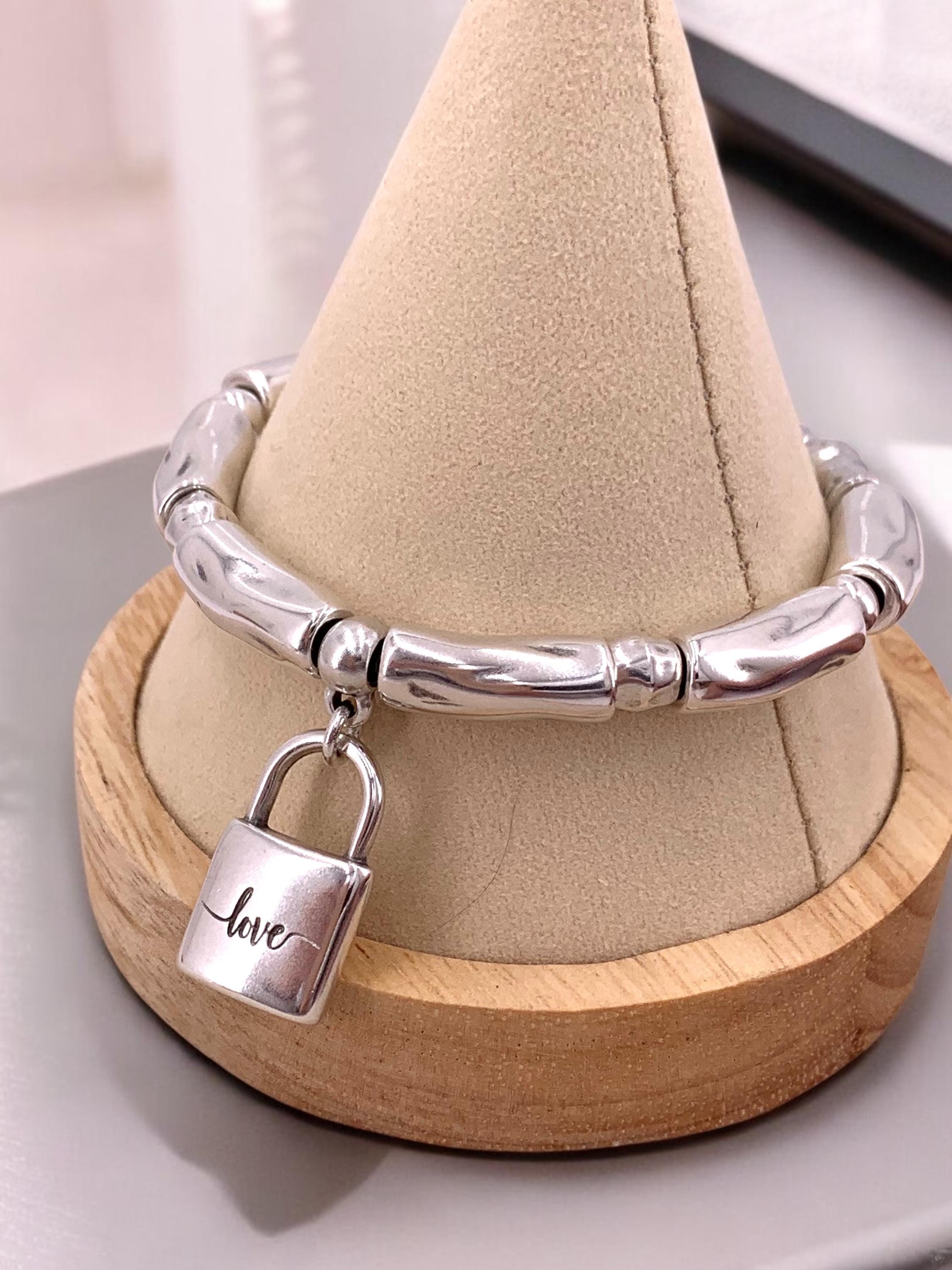 Chunky Padlock Bracelet with “Love” Engraving – Bold Silver & Leather Statement Cuff – Adjustable Kukuri Jewelry Exclusive Design - gift