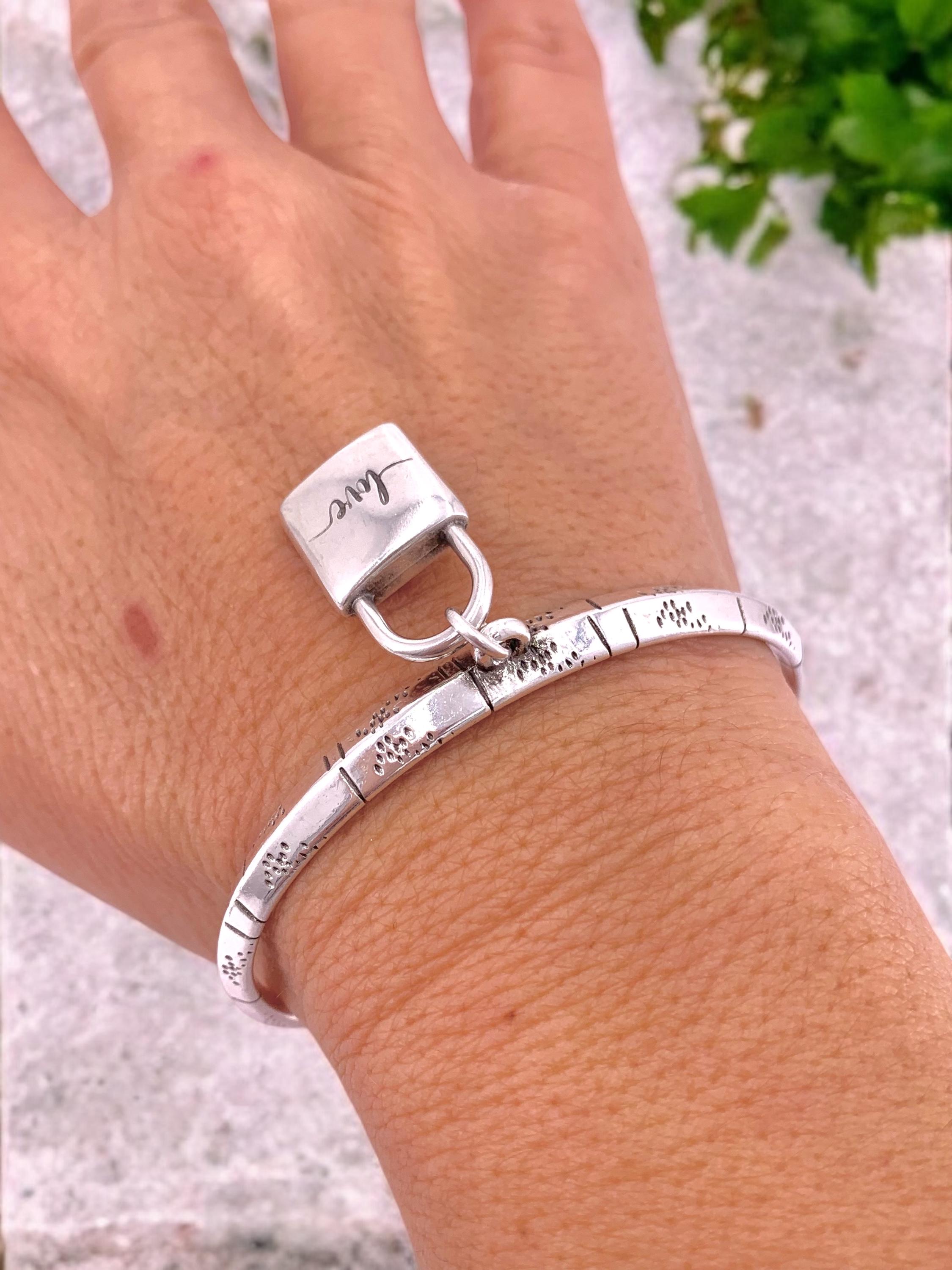 Silver engraved rigid silver cuff bracelets with padlock pendant, silver engraving open bangle, uno de 50 style, padlock bracelet, gift