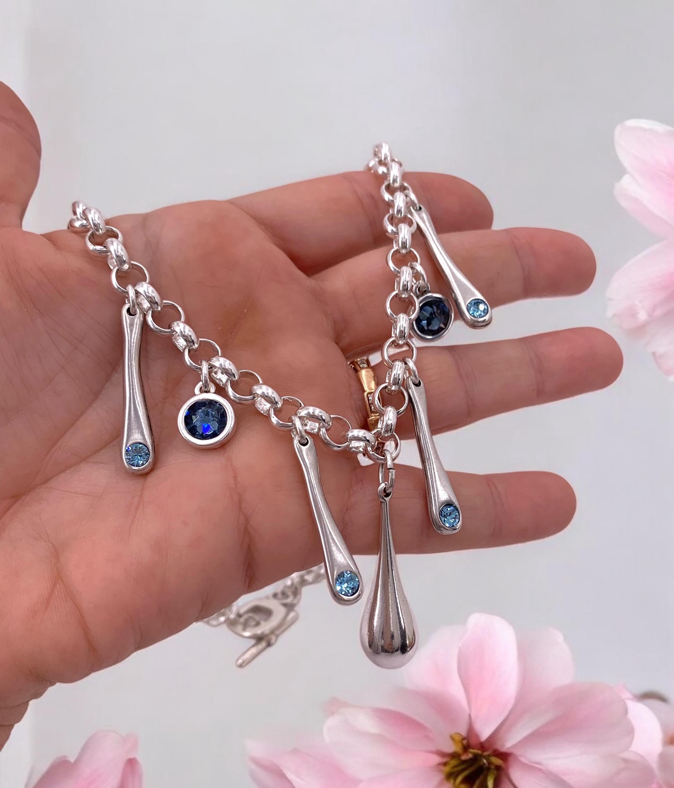 Swarovski crystal charms chunky silver chain toggle necklace, bold chain charms necklace, , drop pendant bulky necklace, gift