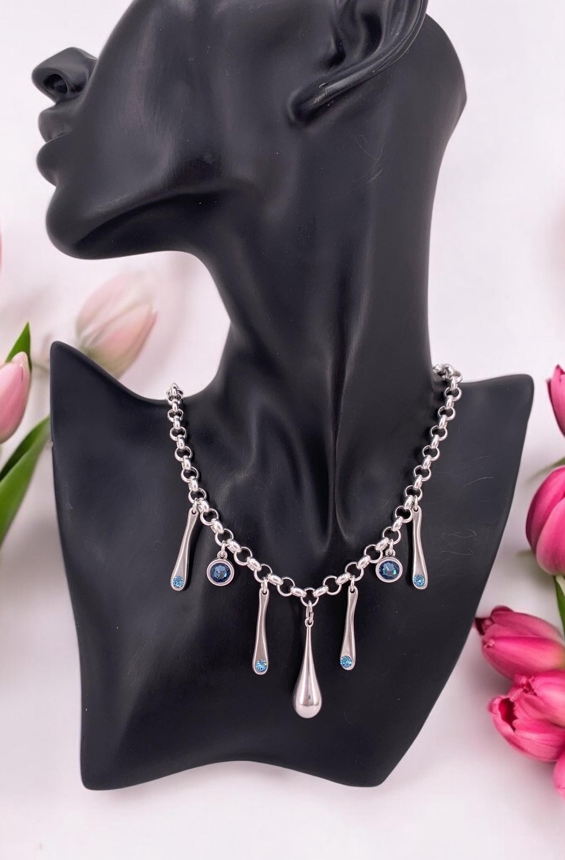 Swarovski crystal charms chunky silver chain toggle necklace, bold chain charms necklace, , drop pendant bulky necklace, gift