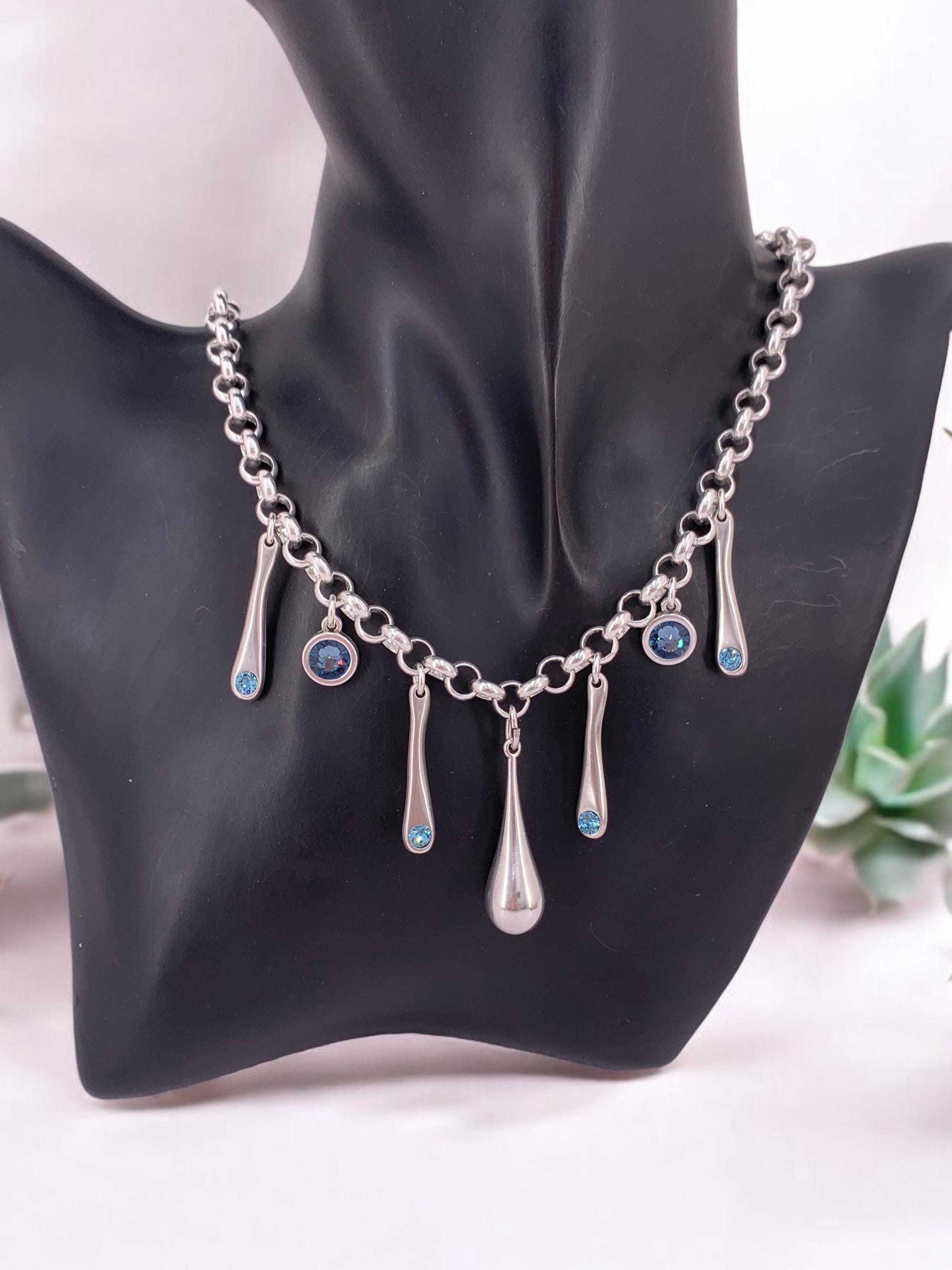 Swarovski crystal charms chunky silver chain toggle necklace, bold chain charms necklace, , drop pendant bulky necklace, gift