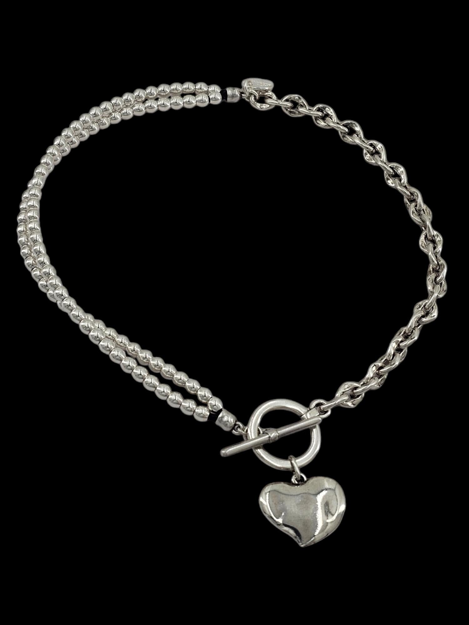 Heart pendant toggle clasp chunky silver chain and beaded necklace, bold necklace, , heart or coin pendant necklace, gift