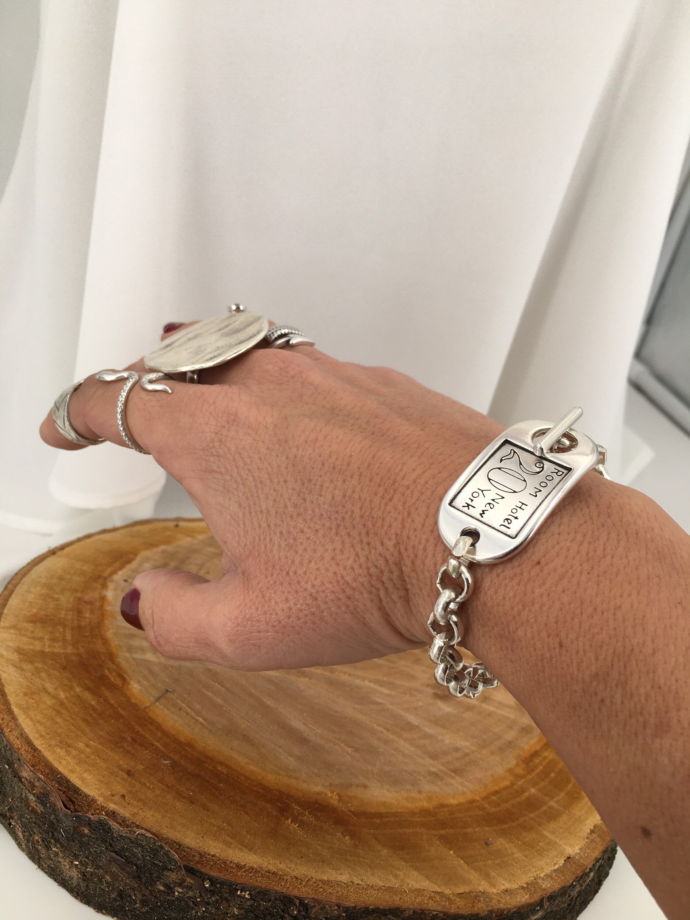 Silver chunky chain ID card necklace, statement toggle necklace, bold chain heavy necklace, gift for her,