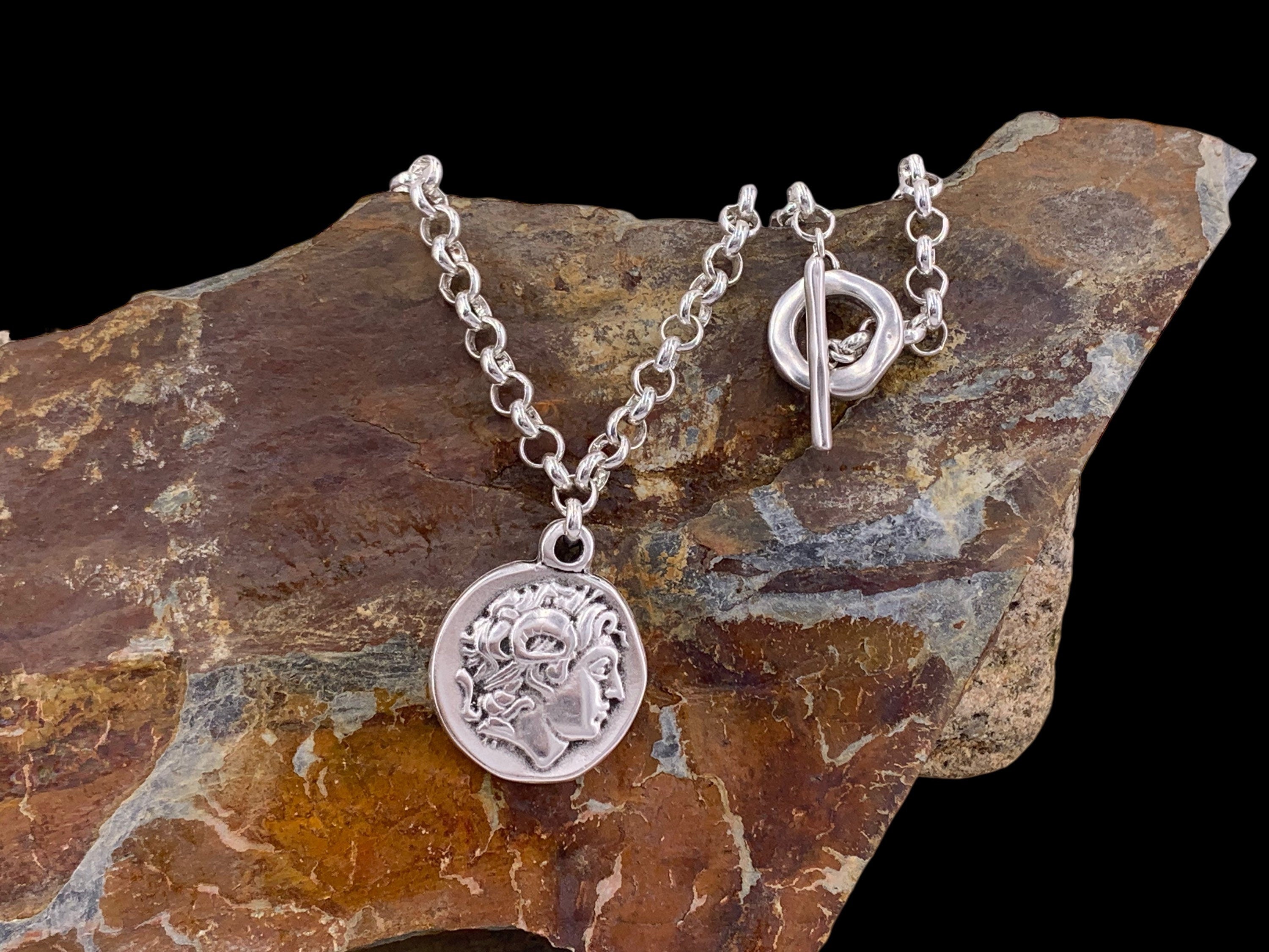Coin pendant necklace, rolo silver chain necklace, Greek coin necklace, toggle clasp necklace, chunky silver necklace, uno de 50 style,