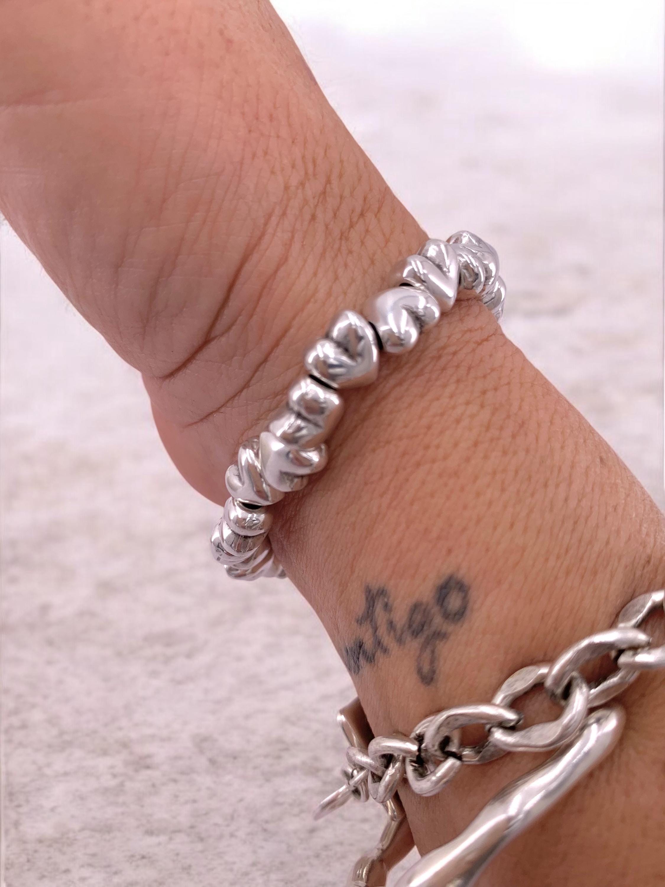 Pulsera cuentas corazón plata, pulsera corazón, pulsera boho, pulsera elástica, pulsera cuentas plata, pulsera corazón, estilo uno de 50