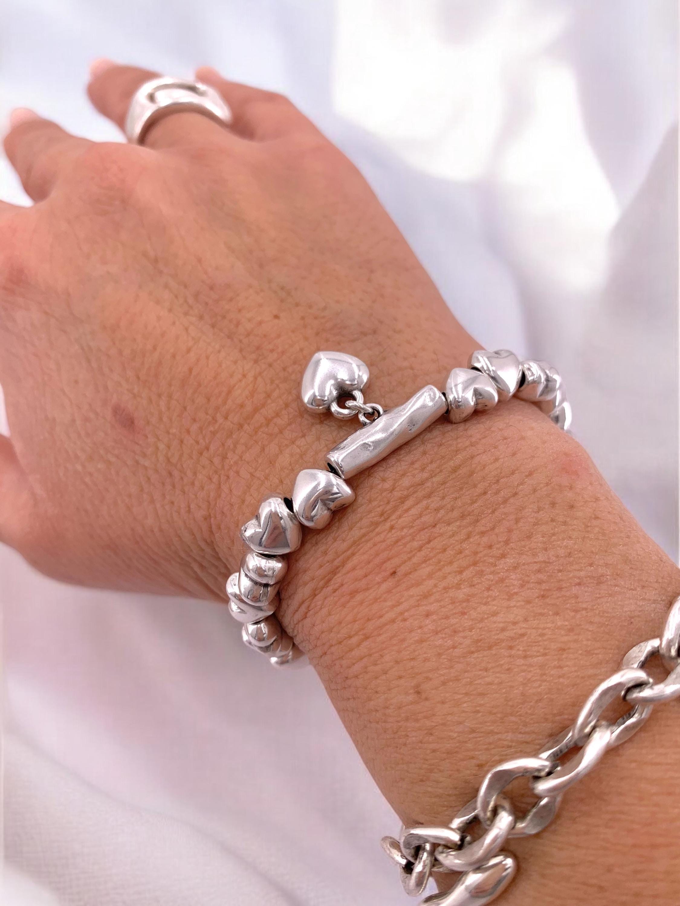 Pulsera cuentas corazón plata, pulsera corazón, pulsera boho, pulsera elástica, pulsera cuentas plata, pulsera corazón, estilo uno de 50