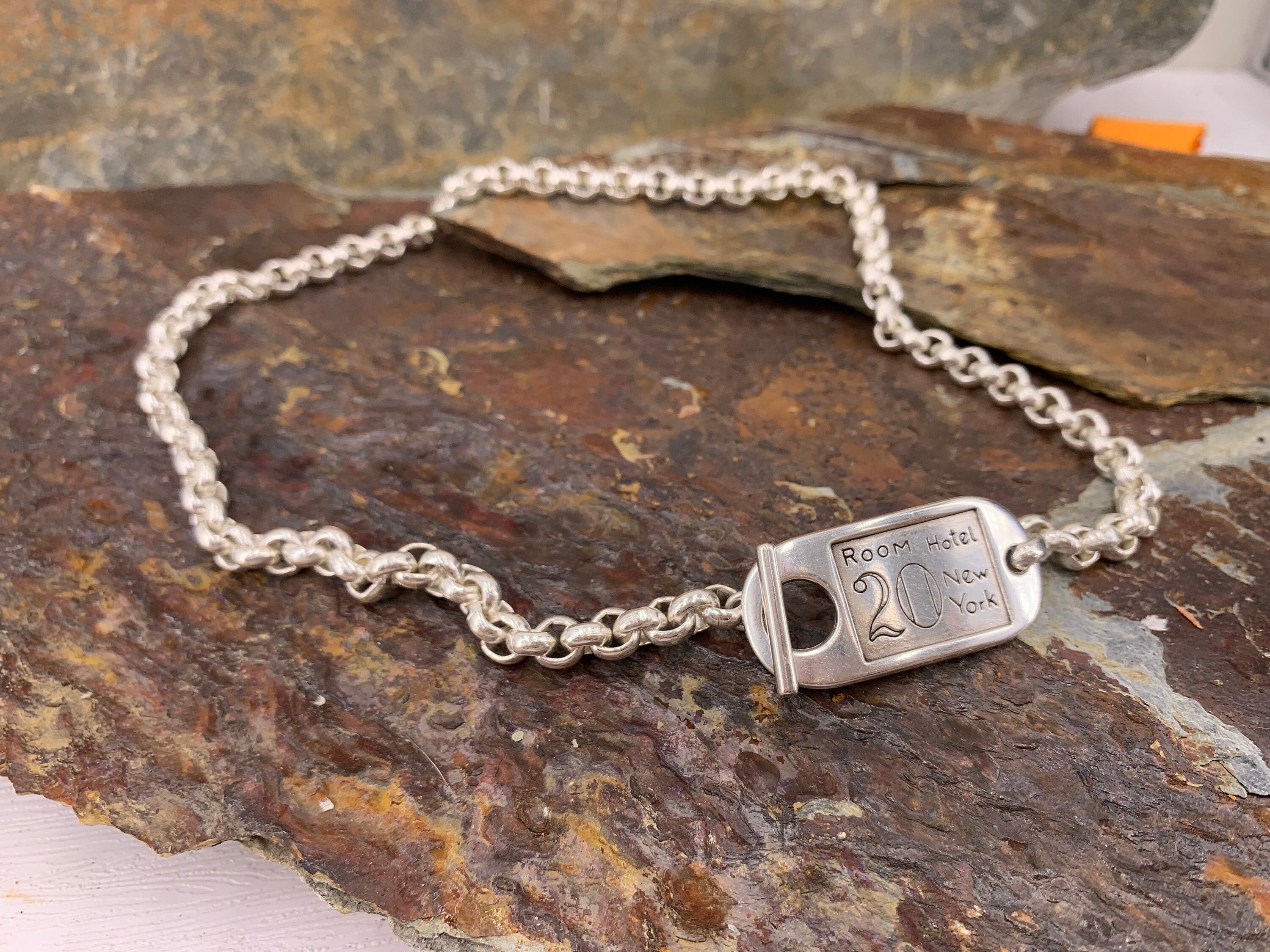 Silver chunky chain ID card necklace, statement toggle necklace, bold chain heavy necklace, gift for her,