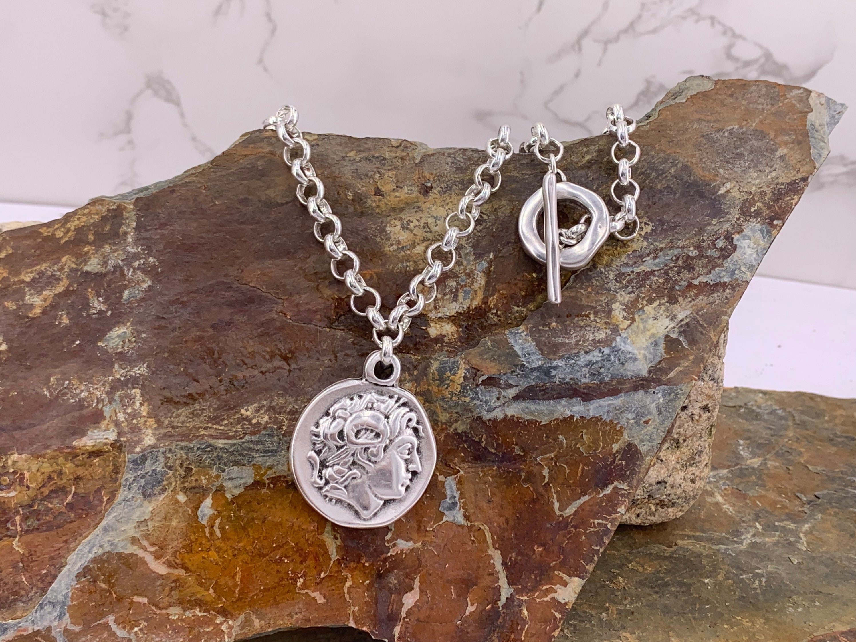 Coin pendant necklace, rolo silver chain necklace, Greek coin necklace, toggle clasp necklace, chunky silver necklace, uno de 50 style,