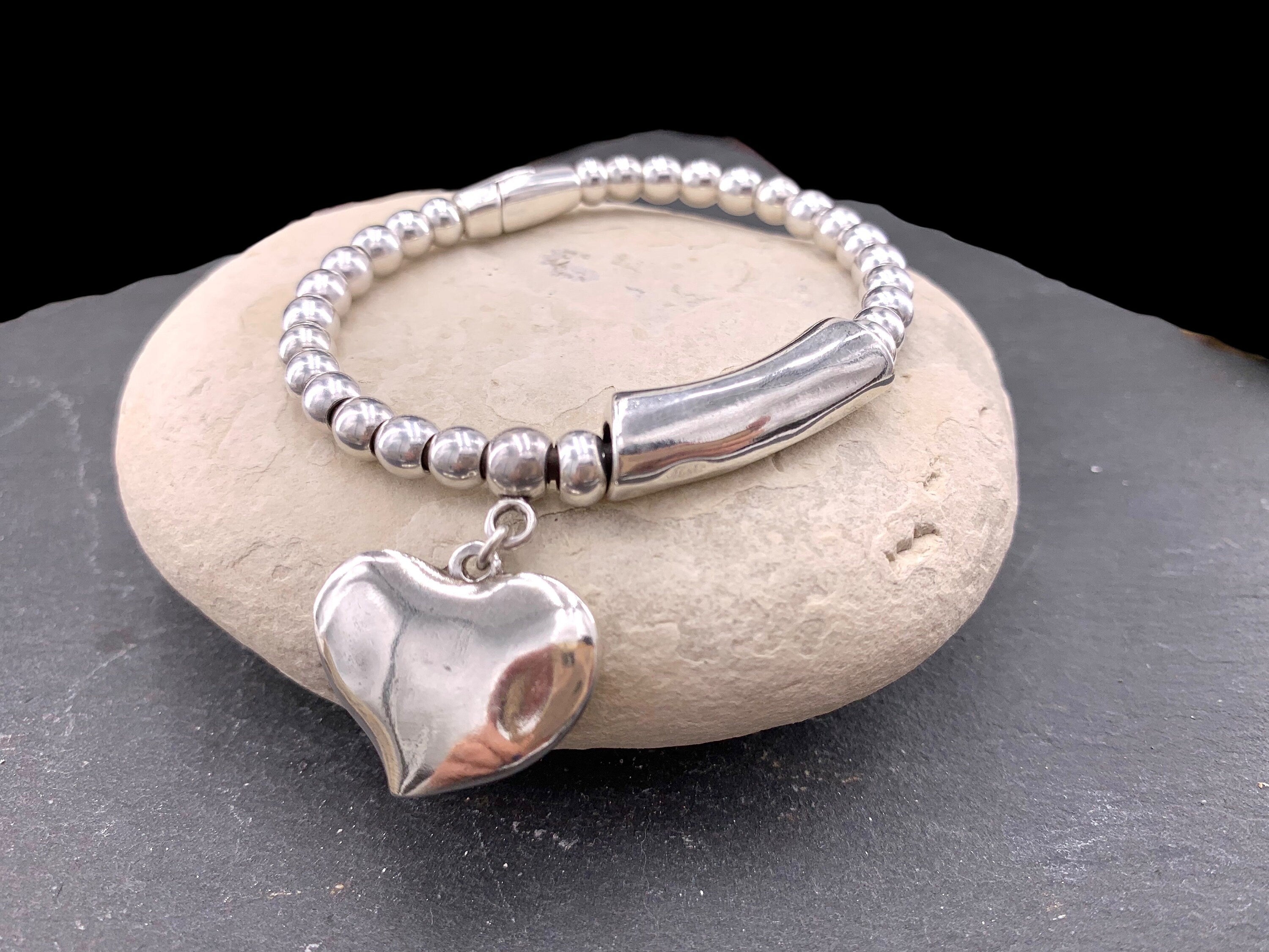 Chunky Silver Beaded Bracelet – Heart Pendant & Tube Charm – Handmade Leather Jewelry – Kukuri Jewelry